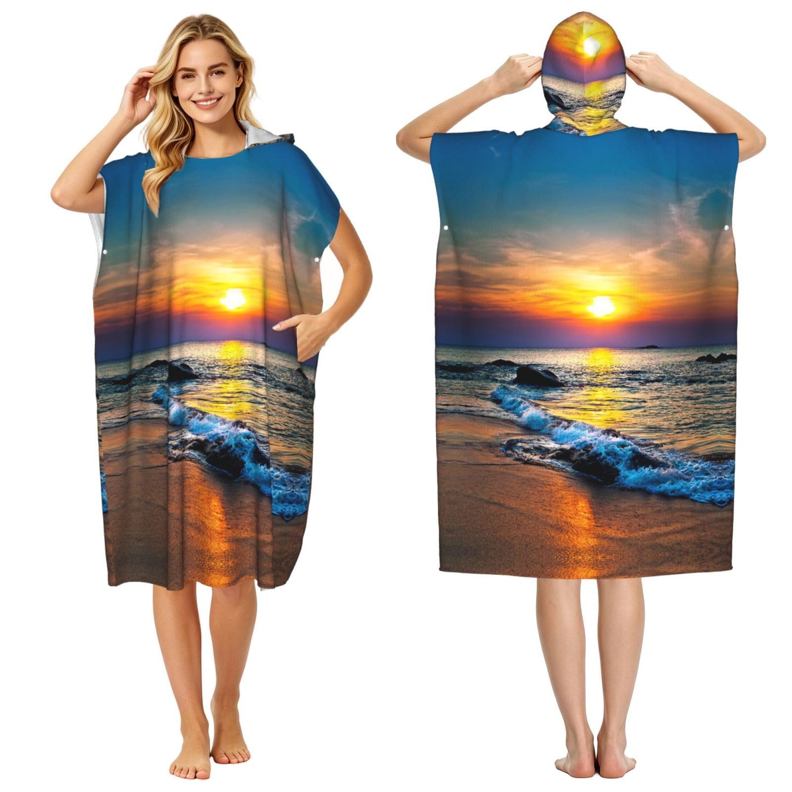 EZDLOWVBA Beach And Sunset Print Hooded Poncho Microfiber Beach Towel,Adult Women & Men Changing Robe,Lightweight Summer Surf Swim Bath Poncho Towel