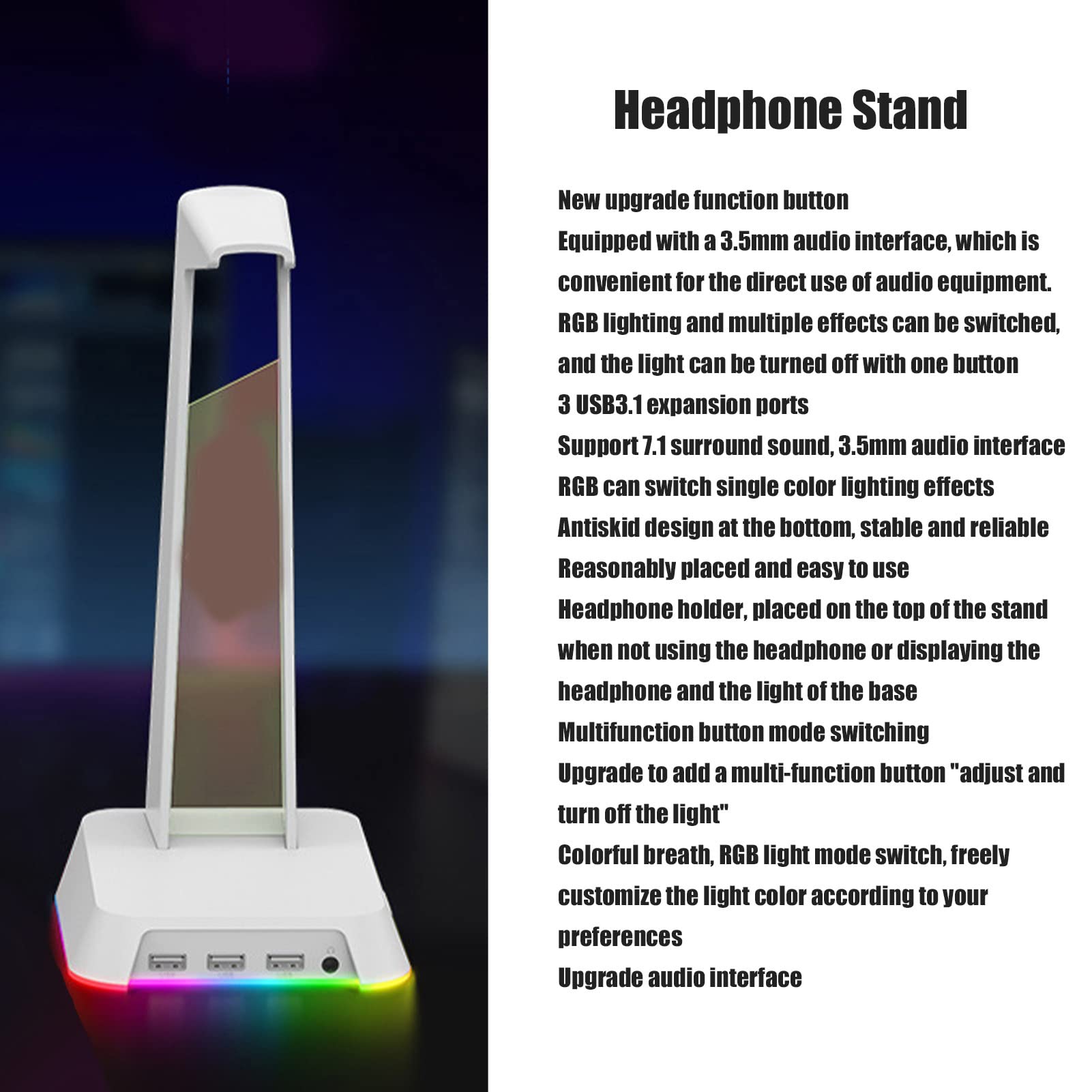 Cyrank Supporto per Cuffie RGB, Supporto per Cuffie da Gioco Supporto per Auricolari da Tavolo 2 in 1 con 3 Porte di Ricarica USB Fantastici Accessori da Scrivania per Tutte Le Cuffie(Bianco)