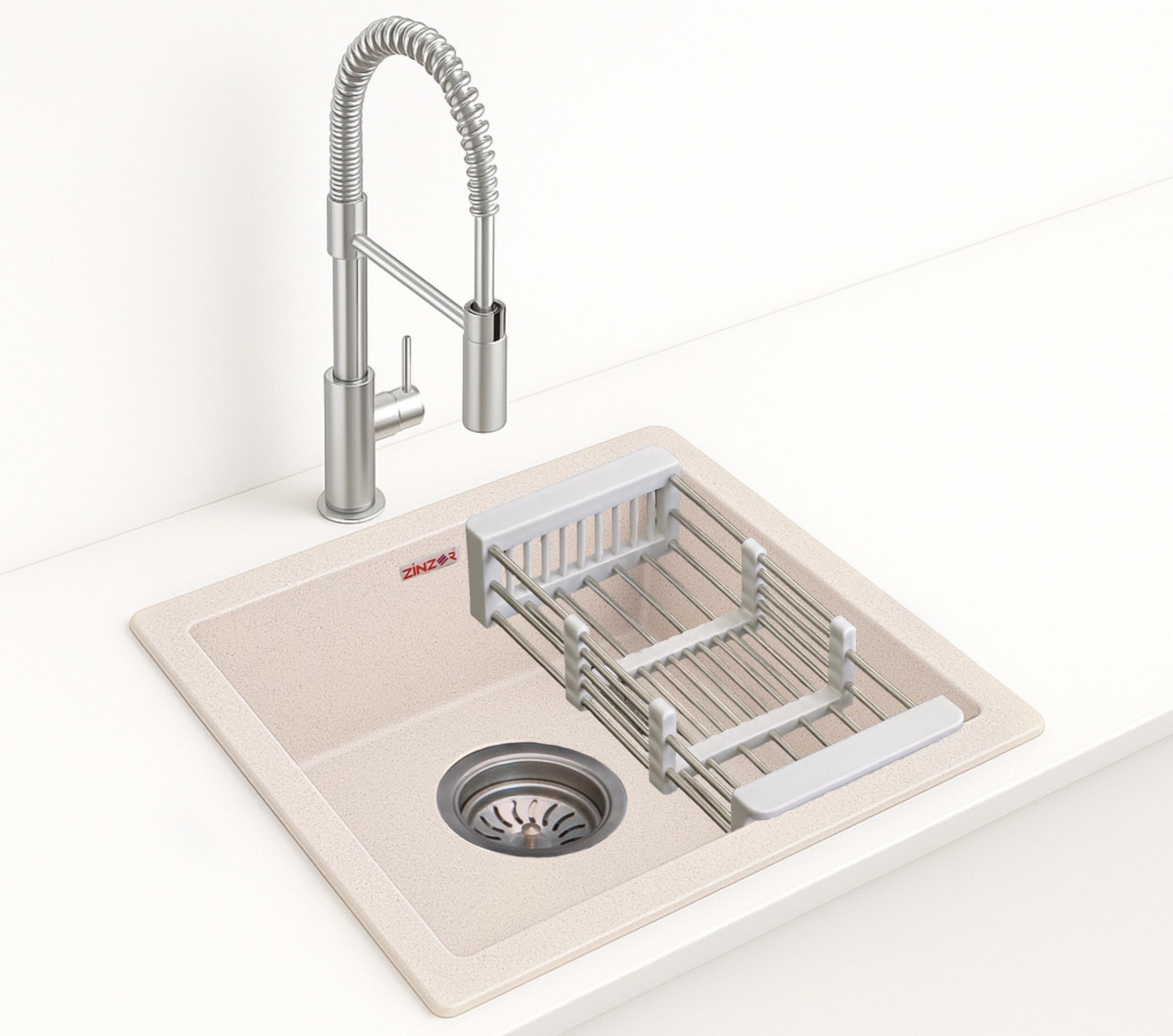 Quartz Sink for Kitchen in Metallic finish | German Engineerd Single Bowl Granite sinks | Kitchen Sink with Drain Coupling, Hose Pipe and Drainer Basket (Granular Ivory - 18x16 Inches)