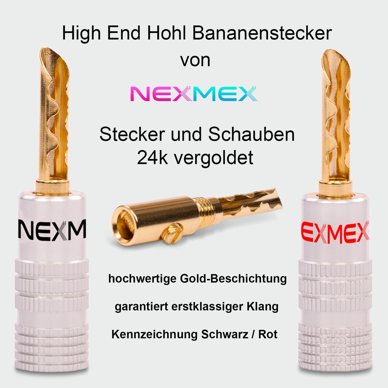 NEXMEX Hohl Bananenstecker 4mm - 20 Stück Stecker als Set - Hohl Steckverbinder 24K vergoldet Hohlbananas für Lautsprecherkabel - HiFi Lautsprecheranschluss