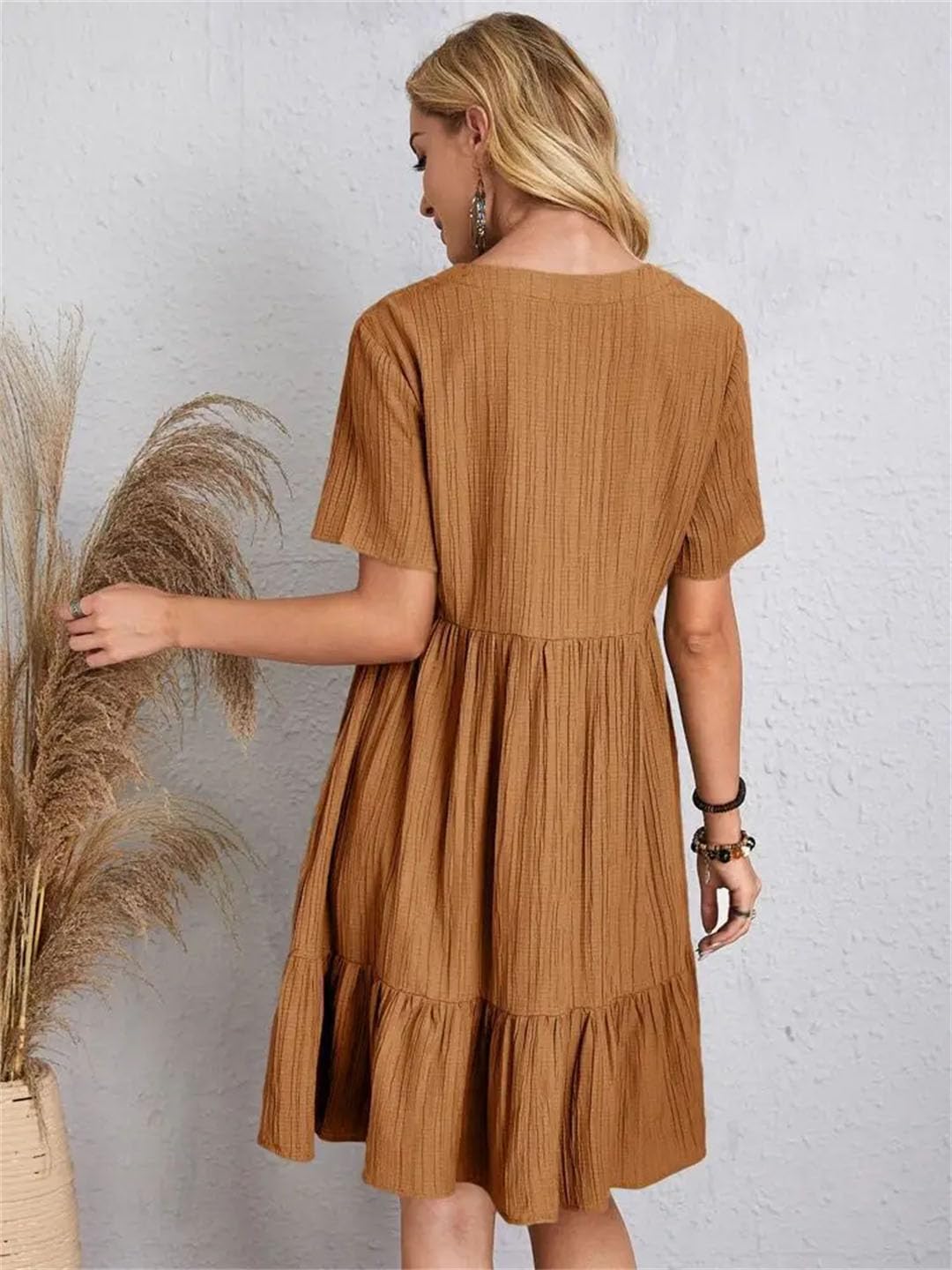 Elegancka damska sukienka z krótkim rękawem dekolt w serek falbany solidna luźna mini sukienka plażowa impreza Vestidos