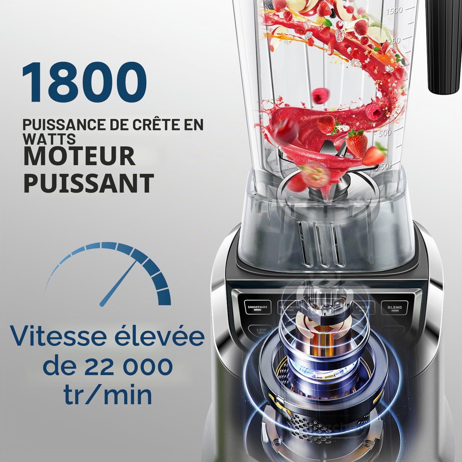AMZCHEF Blender professionnel 1800 W, blender multifonctionnel avec écran tactile intelligent, blender électrique 6-lames en 3D - Noir