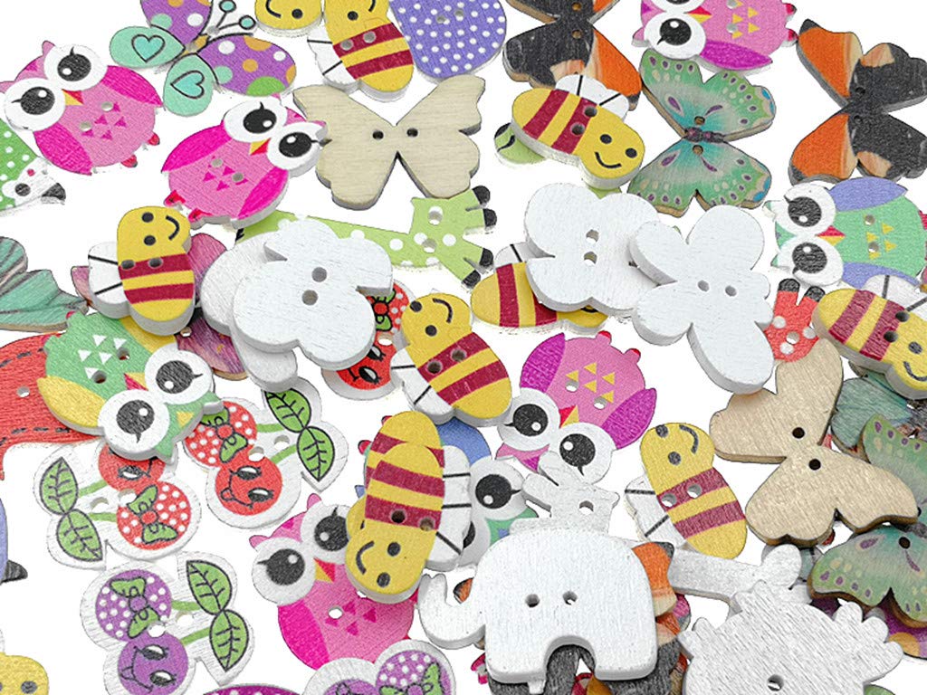 Kinteshun 100pcs Wooden Buttons - Assorted Cartoon Animal Prints, 2-Hole, Natural Wood For Sewing & Crafts - View #11