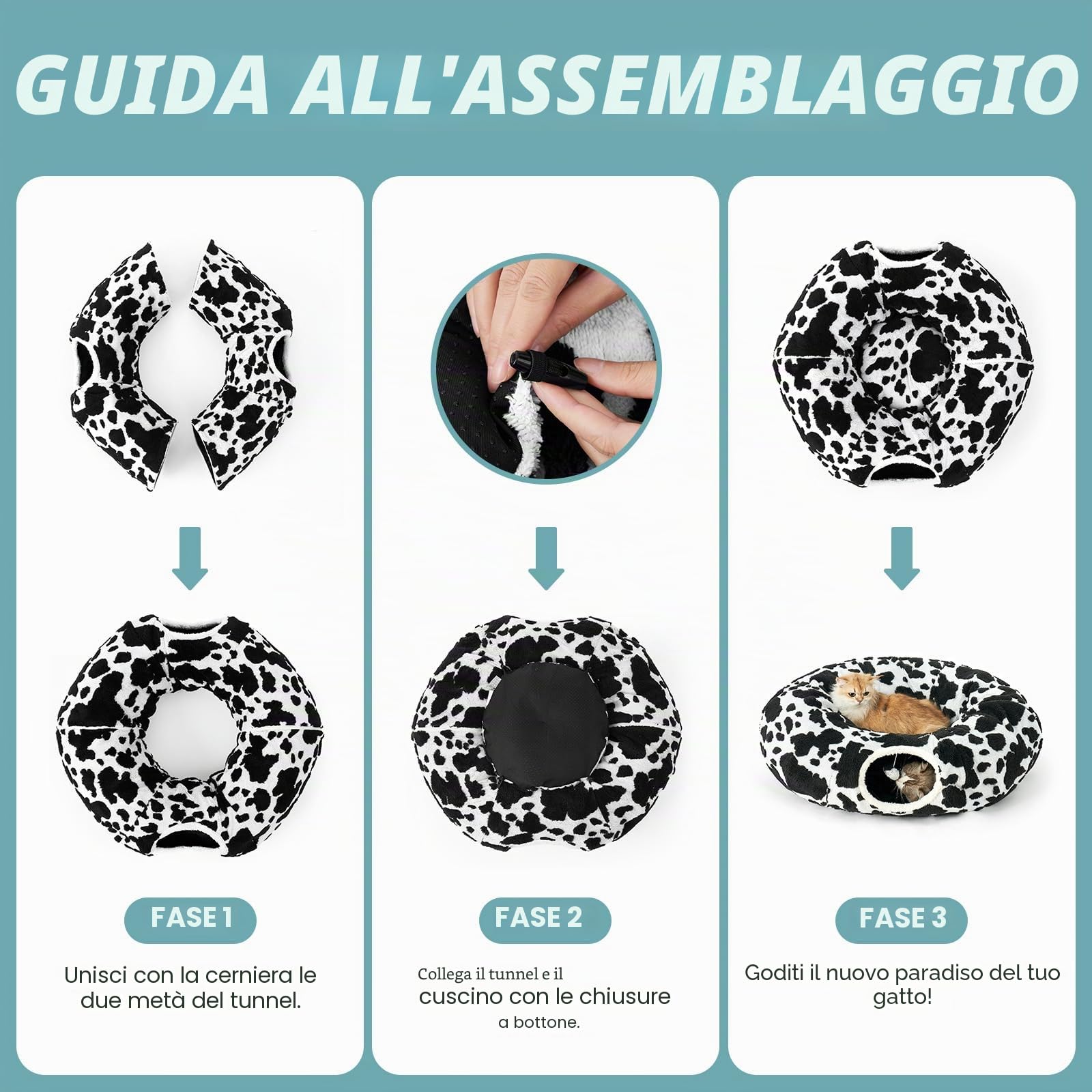 COZY KISS Tunnel per Gatti Interni con Letto, Tunnel con Due Entrate, Cuccia Con Cuscino Lavabile, Peluche Morbida, Interattivo per Cuccioli/Gattini/Conigli (Bianco & Nero, 85D)