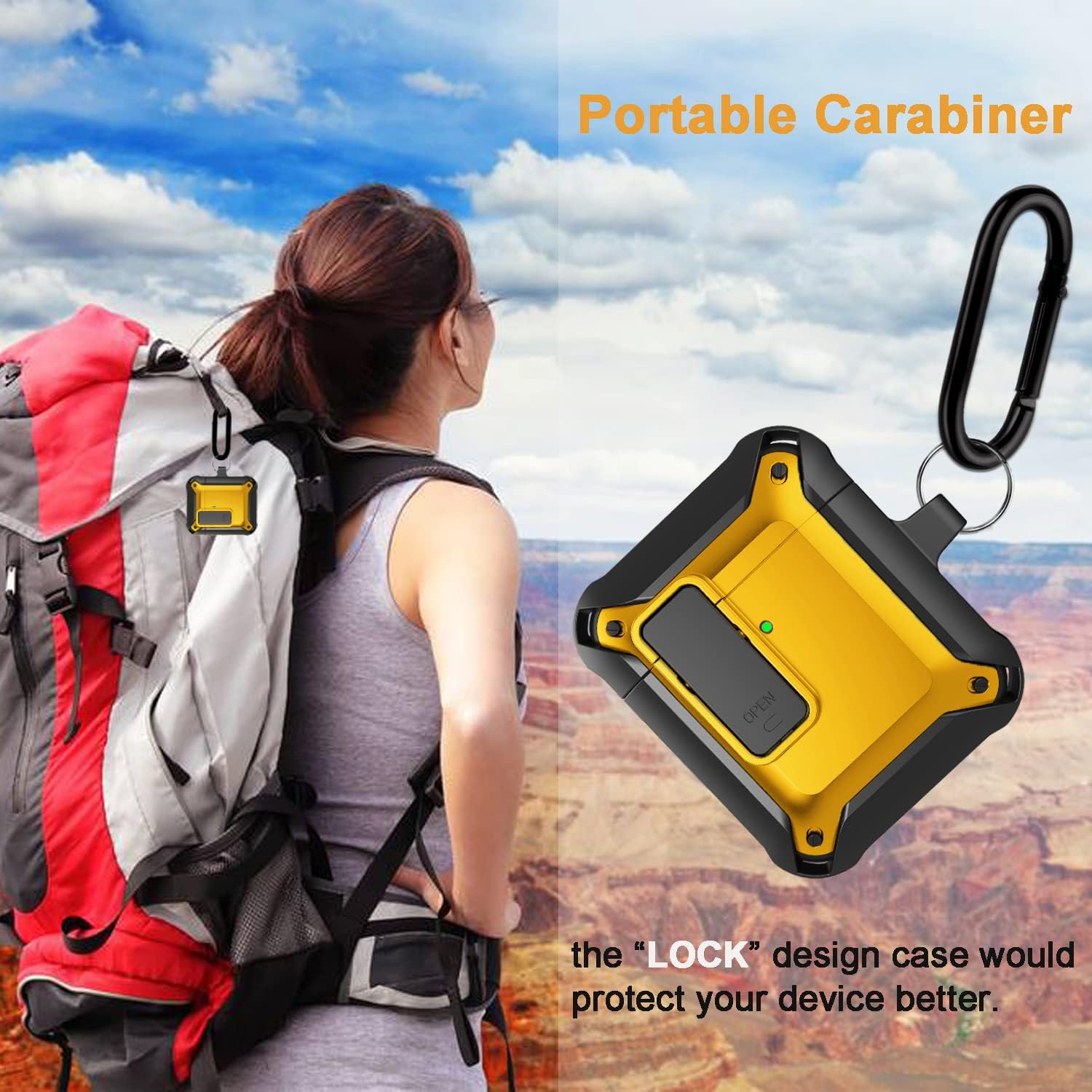 YOMPLOW Armor Airpods Case, [Secure Lock] Air Pods Full-Body Rugged Protective Case Men Charging Skin Shockproof iPods Case Cover with Carabiner for Apple Airpods 2&1 -Black/Yellow