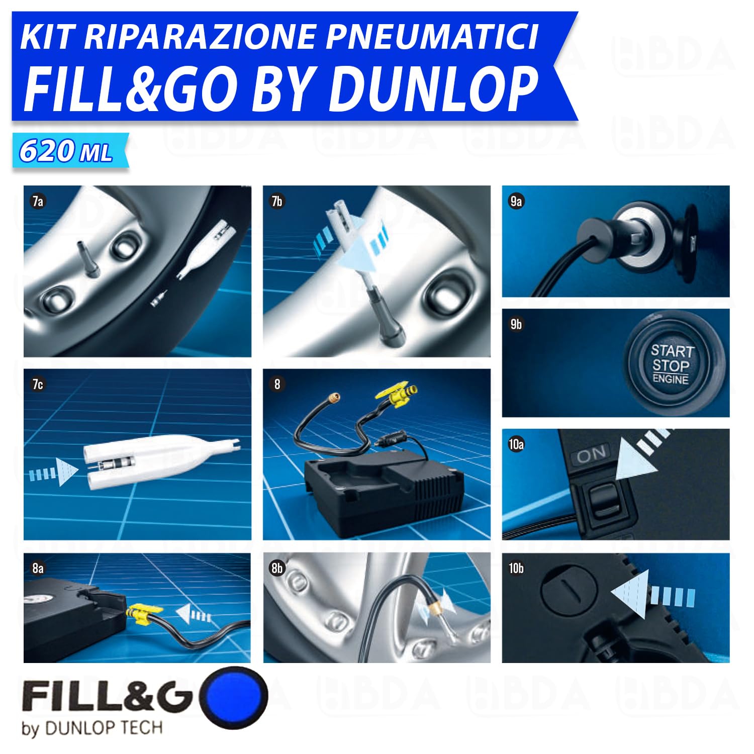 Sistema di Riparazione Pneumatici Kit Gonfia e Ripara Fill&Go by Dunlop Tech per MERCEDES-BENZ CLASSE R tutte le versioni, Pompa Elettrica da 620 ML