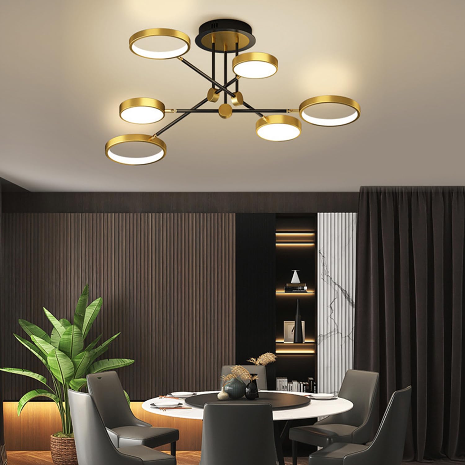 Aleaty LED Ceiling Light Modern Living Room Chandelier Round Circle Bedroom Pendant Lamp 3000 K - 6500 K Dimmable with Remote Control Hanging Lamp Bedroom Restaurant Ceiling Lamp (Gold, 6 Heads)