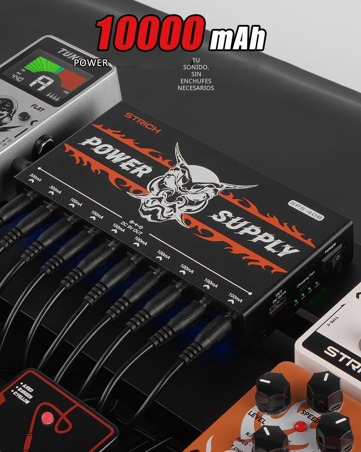 STRICH Fuente de alimentación de Pedal SPS-40B con Conectores Integrados de 10000 mAh, 10 Salidas CC 9 V (2 x 300 mA, 8 x 100 mA) para Pedales de bajo y Guitarra, batería Recargable, Pedal de Efecto