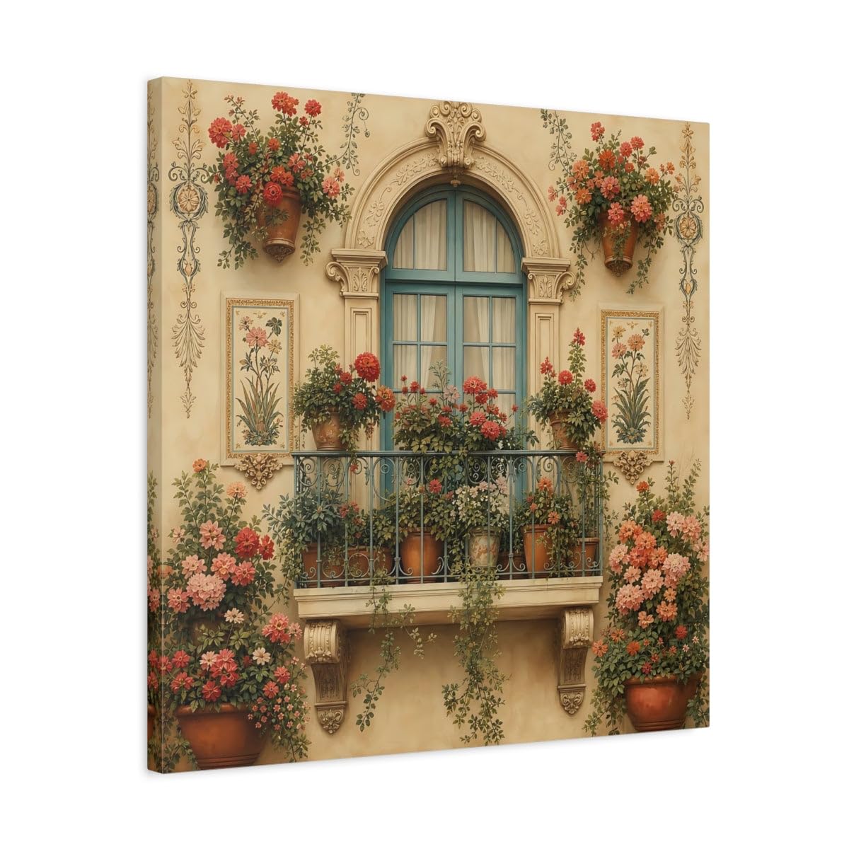 Toile fleurs de balcon au-dessus d'une console de salon classique 60x60 - 8