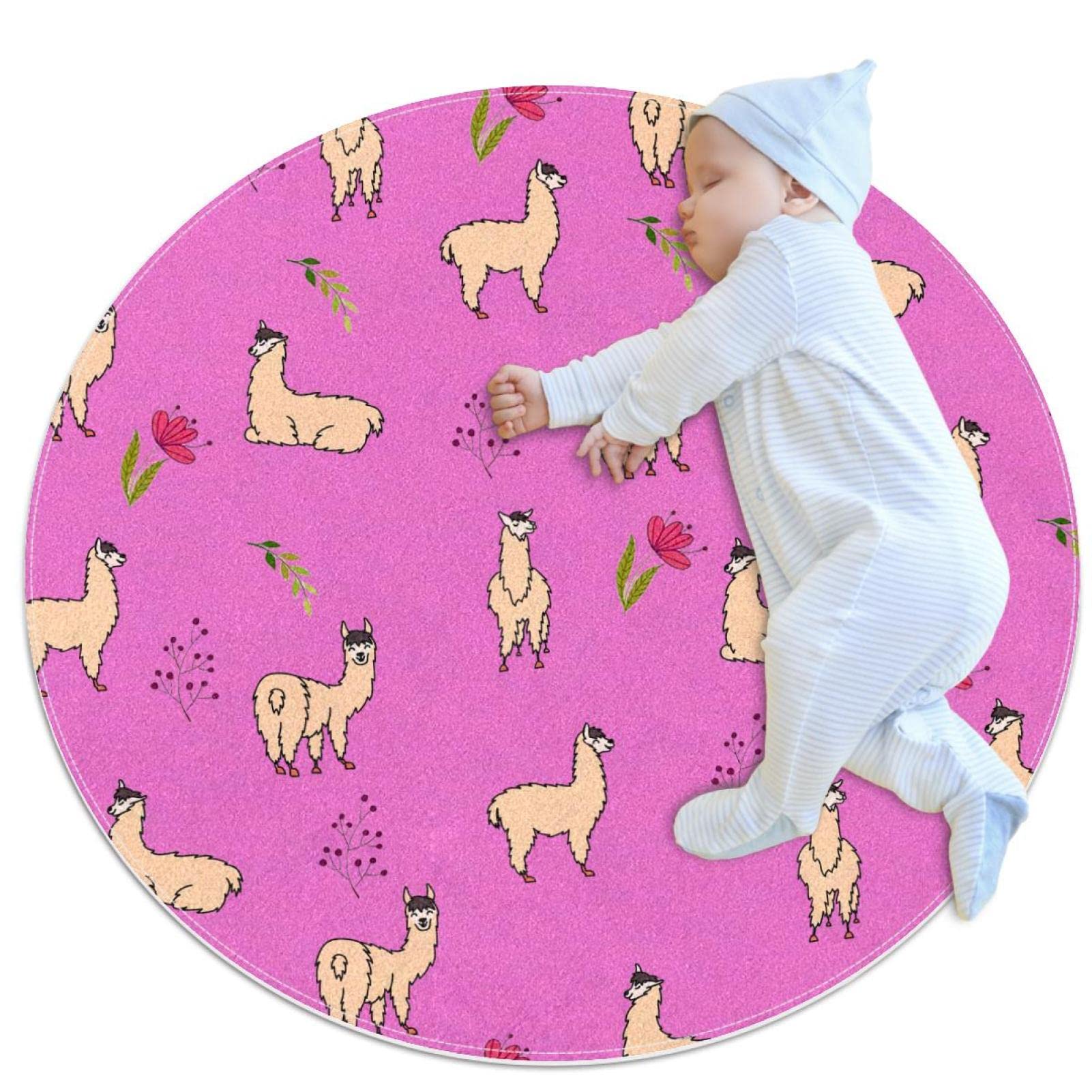 Tapis de salle de bain rond 1m lavable et ultra adhérent avec motif lama rigolo