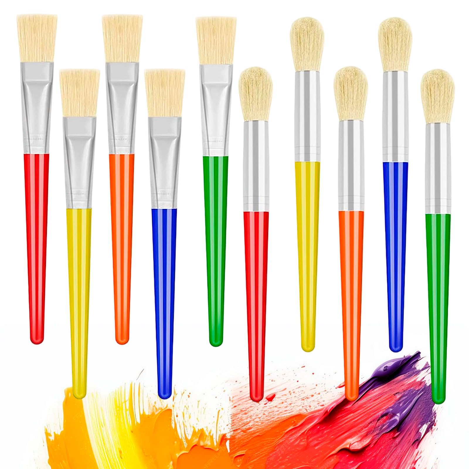 10Pcs Paint Brushes, Paint Brush Set, Colorful Paint Brushes, Round and Flat Tip Paintbrushes Set, Washable Colorful Painting, Paintbrush Art for Beginners, Craft Painting Brush for Draw, Watercolor