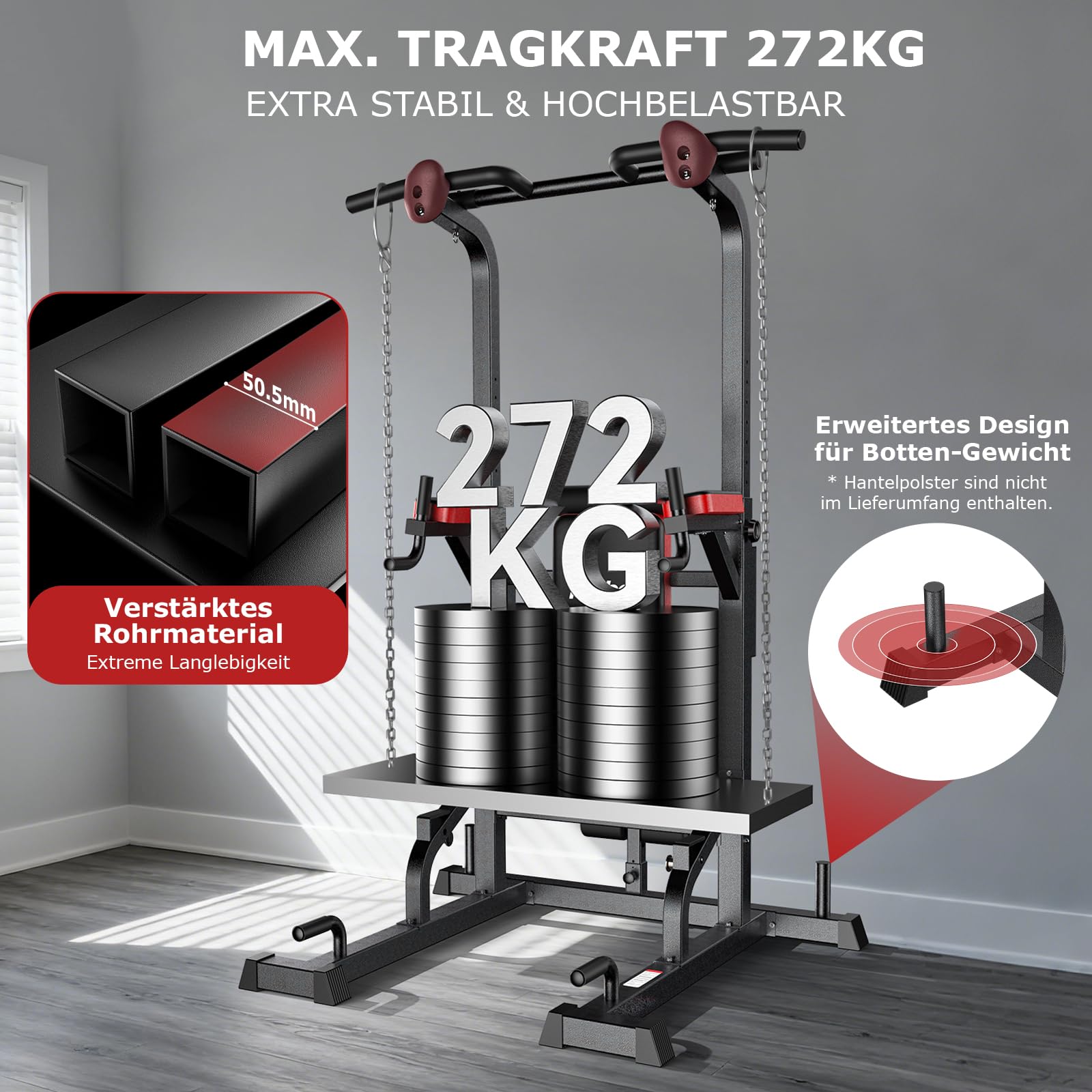 Pooboo Power Tower Dip Station Klimmzugstange für Fitness-Heimtraining, multifunktionales, höhenverstellbares Krafttrainingsgerät mit elastischen Seilen