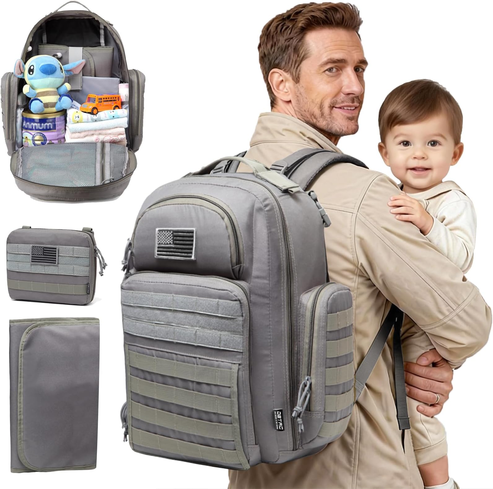 Diaper Bag Backpack for Dad, DBTAC Large Baby Nappy Bag for Men w/Changing Mat, Insulated+Wipe Pockets, Stroller Straps, Grey