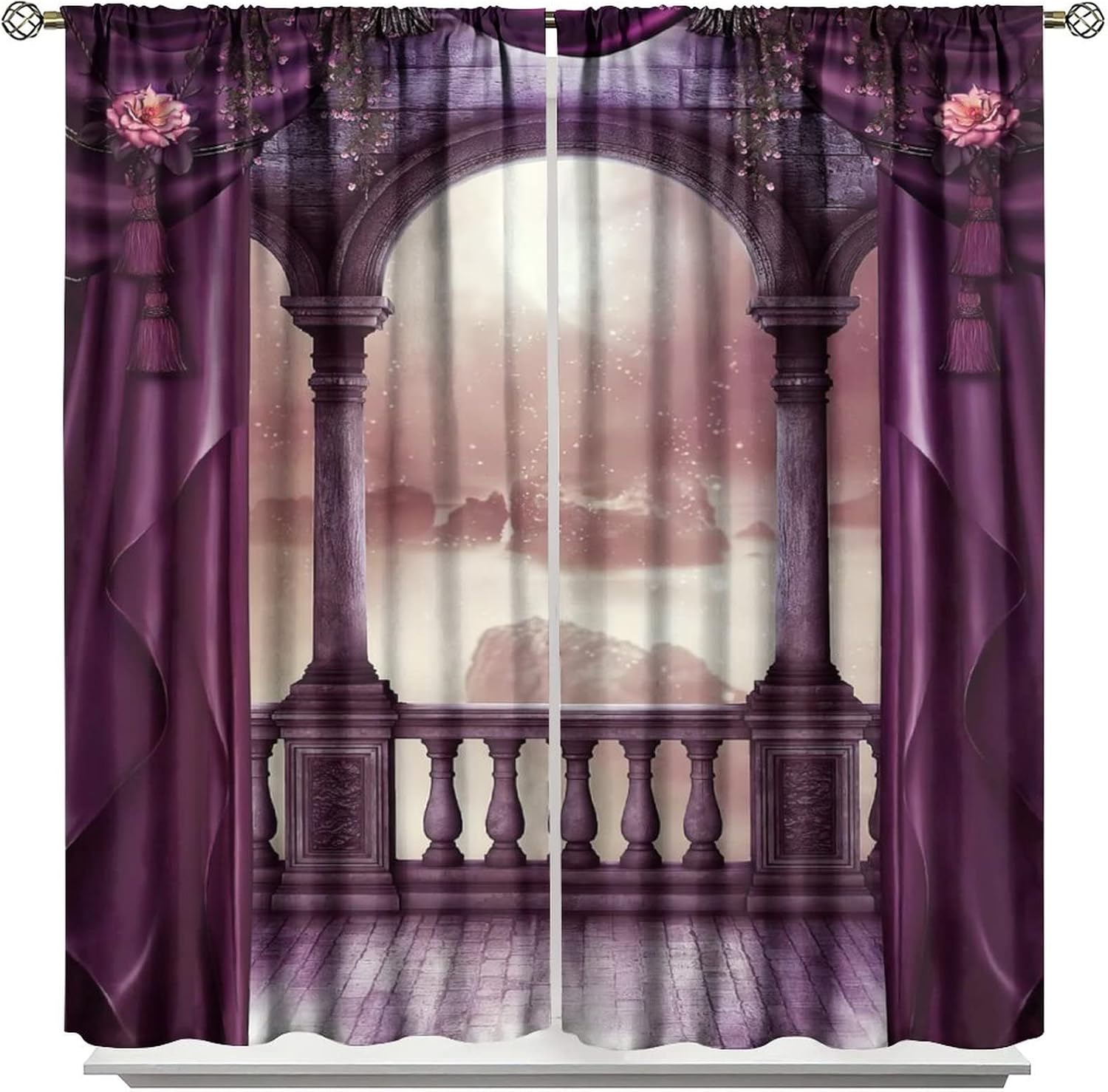 Purple Gothic Curtains,Romantic Roses Medieval Castle Night View Blackout Window Door Curtains for Bedroom Living Room Home Decor W52xL84in