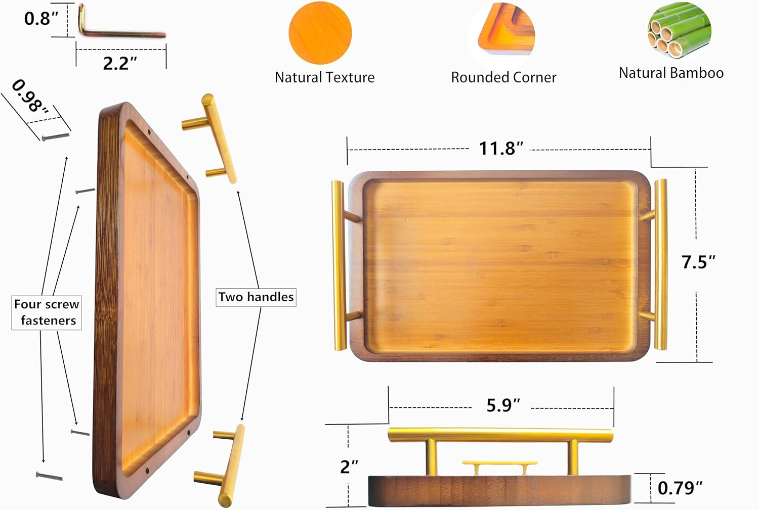Bamboo Serving Tray with Gold Handles - Small Wood Serving Tray for Breakfast in Bed, Coffee Table, Dinner & bar - Decorative Bed Table Tray for Kitchen or Bedroom(11.8" x 7.5" x 2") - Image 3