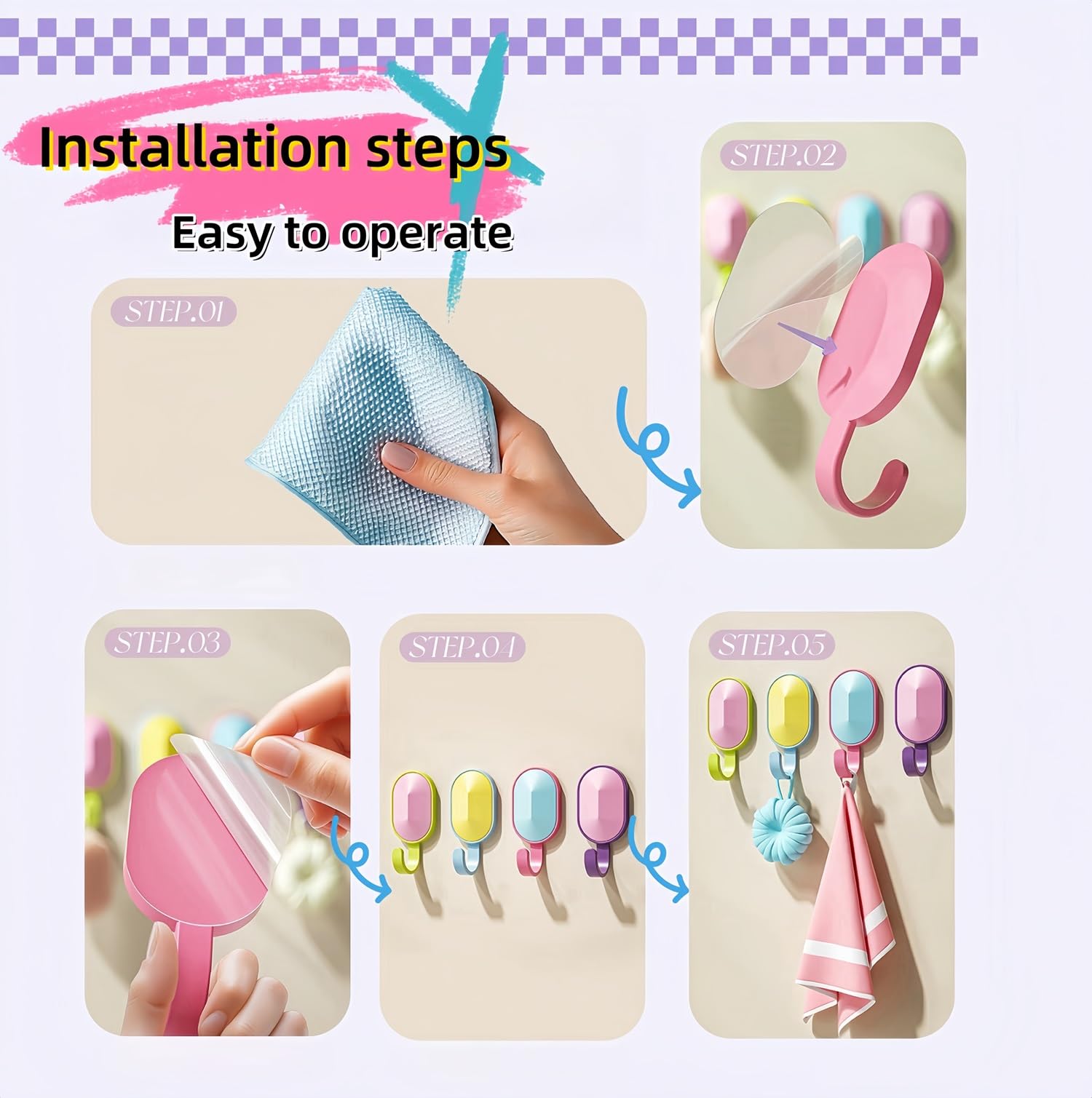 Ganci adesivi da parete per bambini 4 pezzi colorati senza foratura