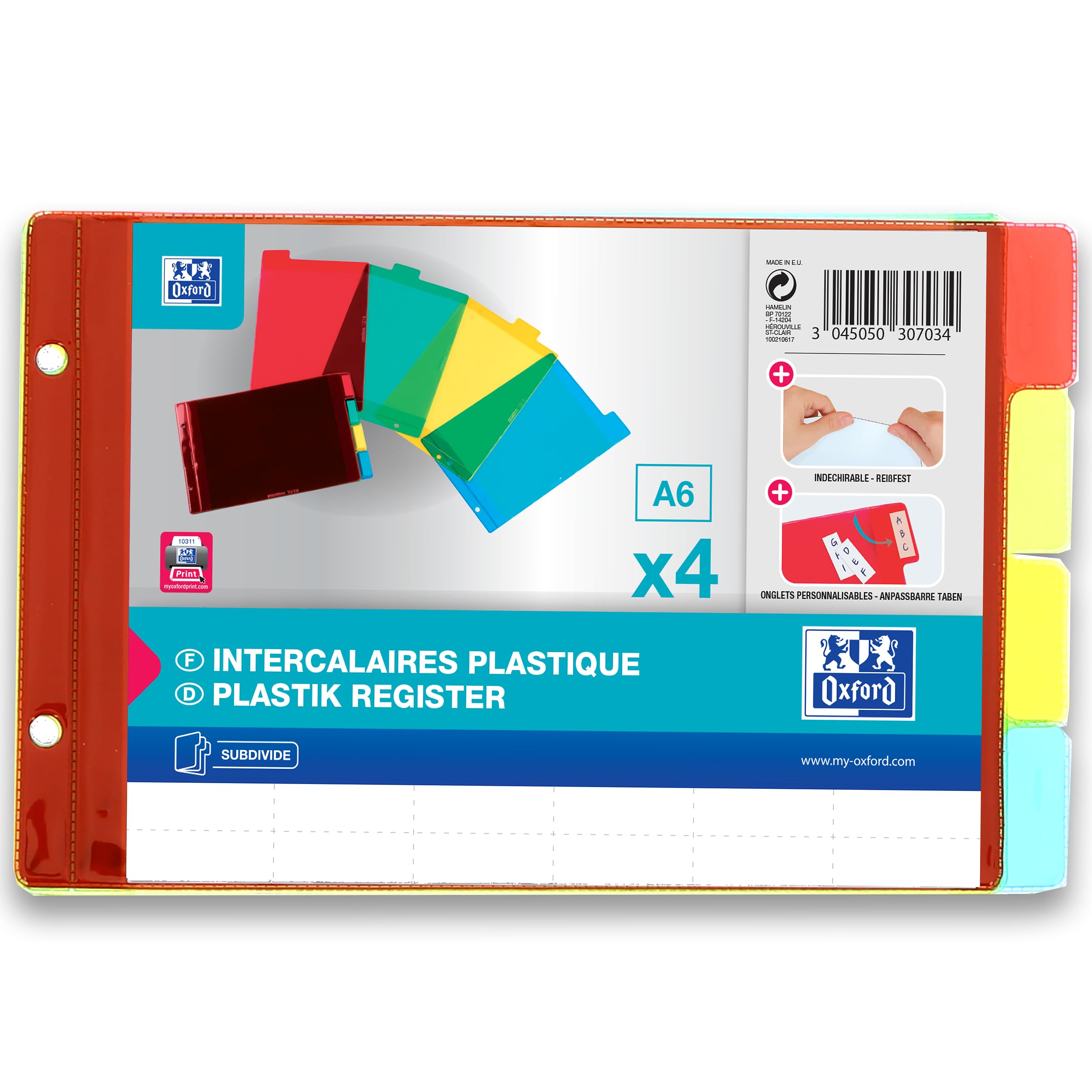 OXFORD 25 Stück Register A6 Querformat 4 Positionen, PVC, transparent, Dicke 14/100, verschiedene Farben