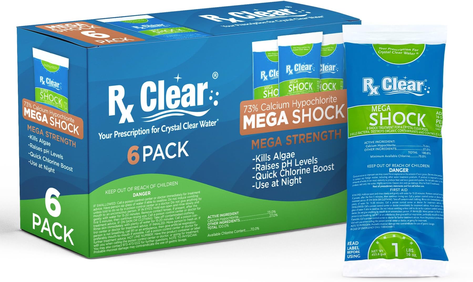 Rx Clear Mega Shock | 73% Calcium Hypochlorite | Kills Algae in Swimming Pools | Works As Pool Sanitizer Clarifier and Algicide | One Pound Bags | 6 Pack