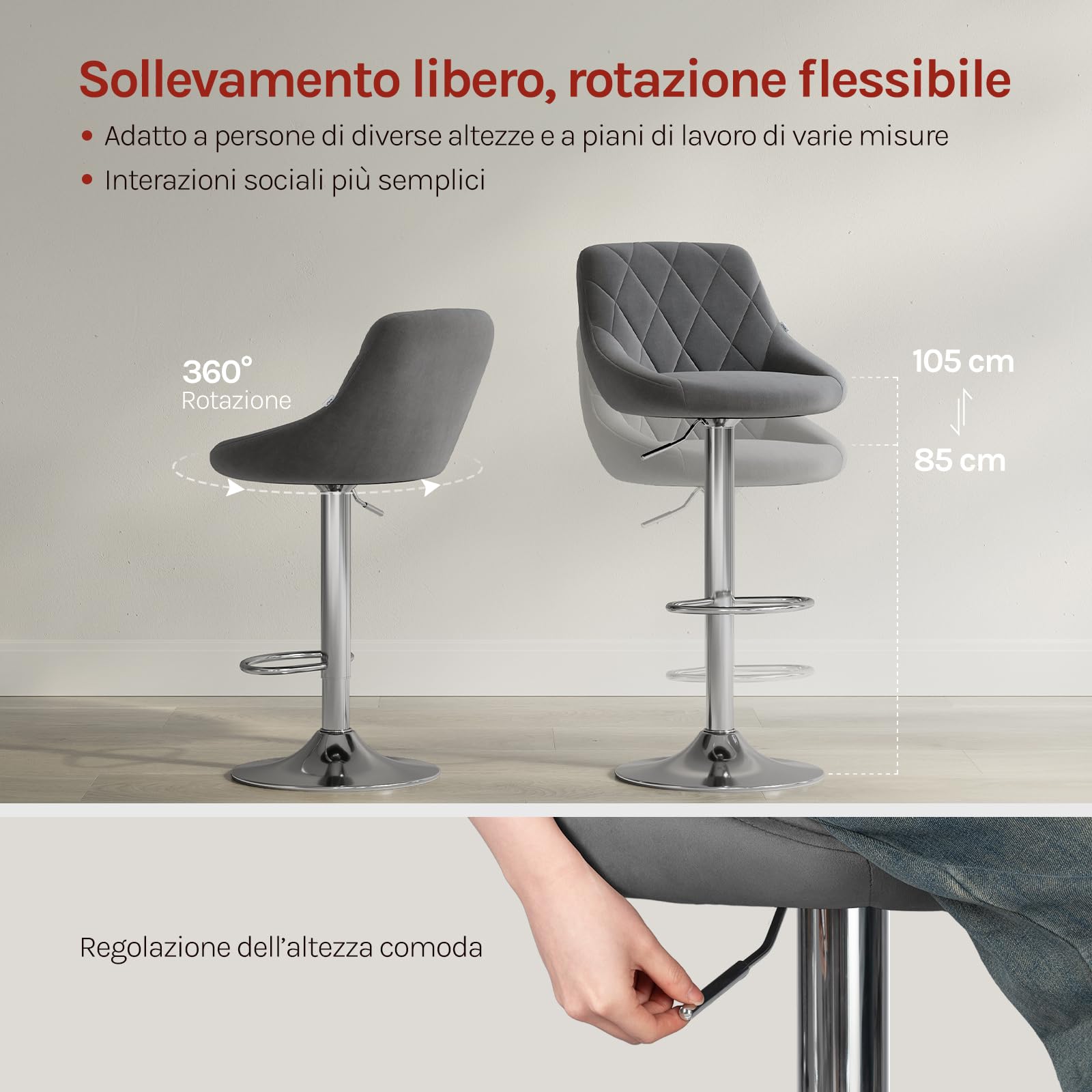 WOLTU Sgabelli cucina, Sgabelli da Bar Set di 2, Sedia da Bar Girevole Regolabile in Altezza, con Schienale Poggiapiedi, in PU, Grigio scuro, BH238dgr-2