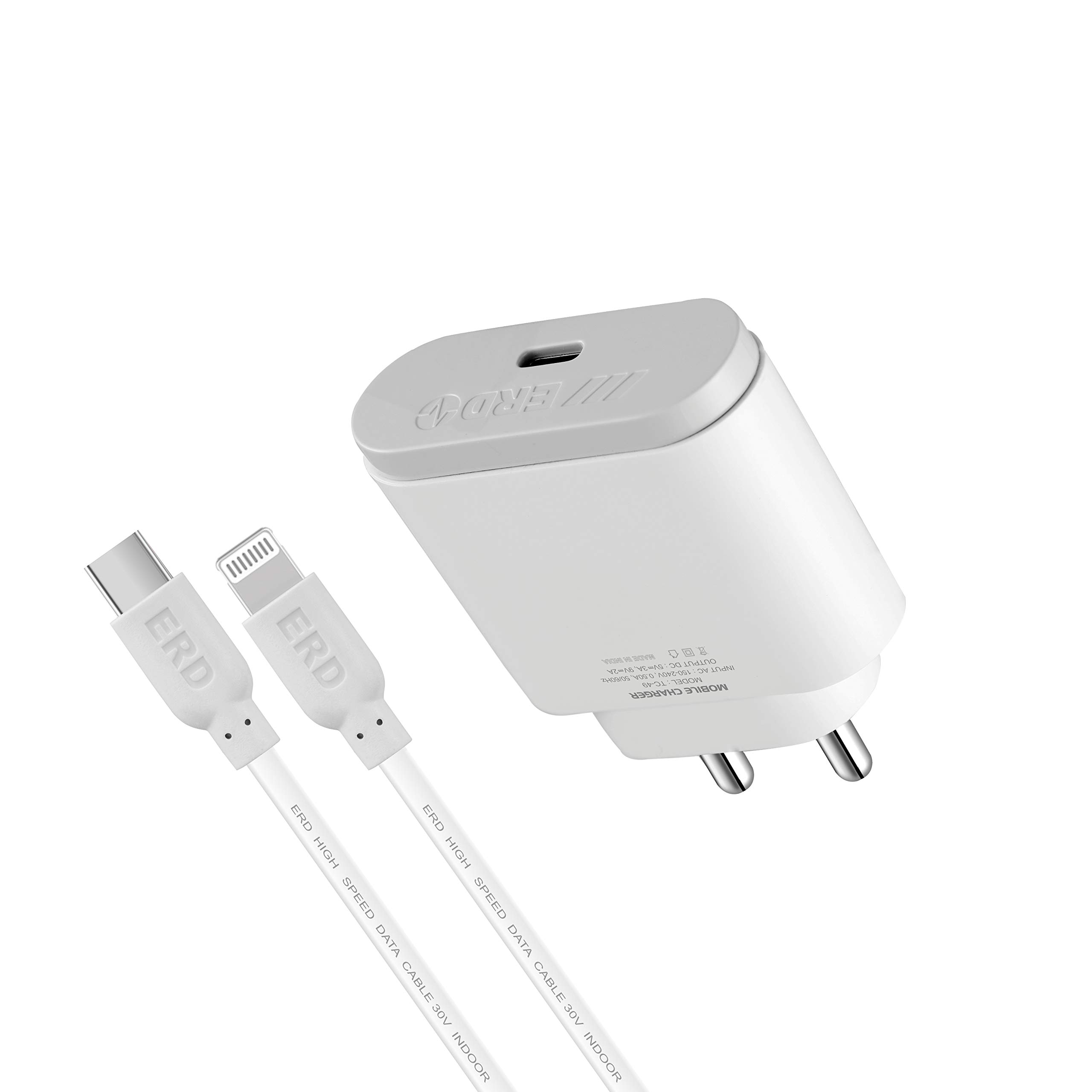 ERD TC-49 18W Mobile Phone Wall Charger | BIS Certified 3 Amp Charger Adapter with 1 Meter Long Lightning Cable | Compatible with Apple iOS, White (Model Number: TC-49_Lightning)