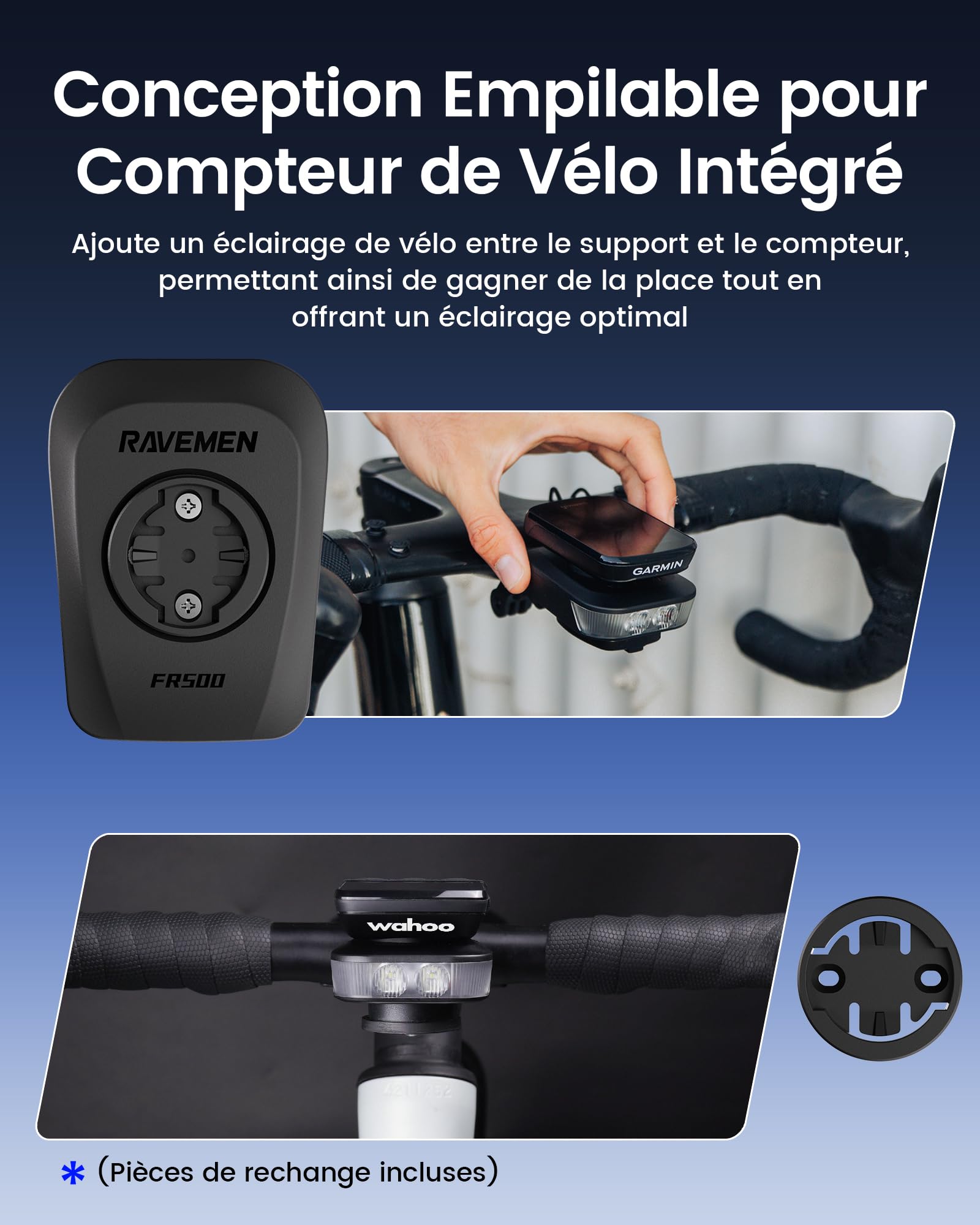 RAVEMEN FR500 500 Lumens Phare avant pour vélo, compatible avec Garmin/Wahoo Cycloordinateur, jour et nuit visible, 6 modes pour vélo sur route et urbain IPX6