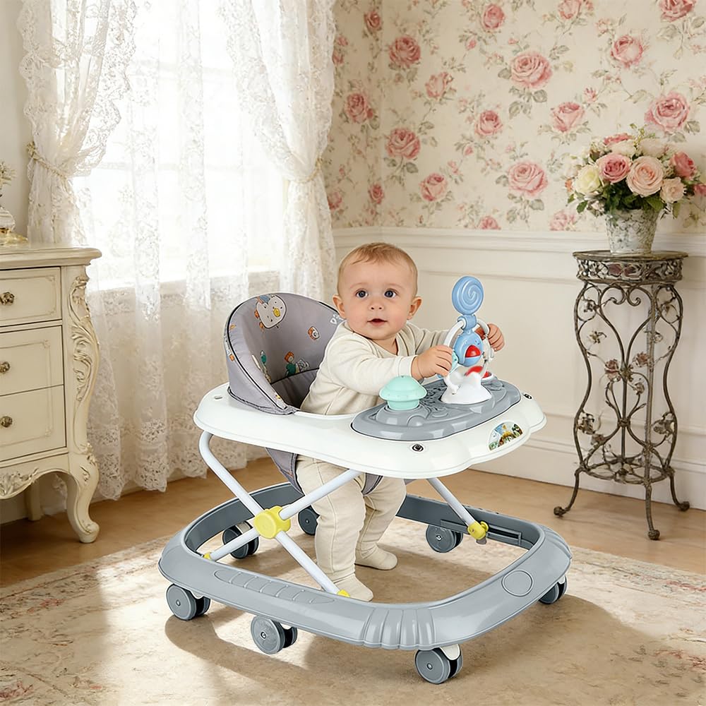 Girello 4 in 1, girello pieghevole per bambini con vassoio di gioco interattivo con suoni, base anti-ribaltamento, deambulatore ruote in silicone e 4 posizioni di altezza, da 6 a 18 mesi (grigio-67 x - 5
