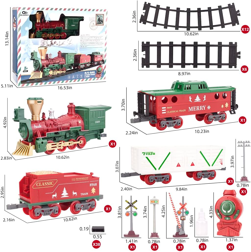 OLIUGEI Electric Toy Train Set - Remote Control Steam Electric Train with - with Smokes,Light & Sounds, Christmas Holiday Birthday Gifts for 3 4 5 6 7+ Years Old Kids