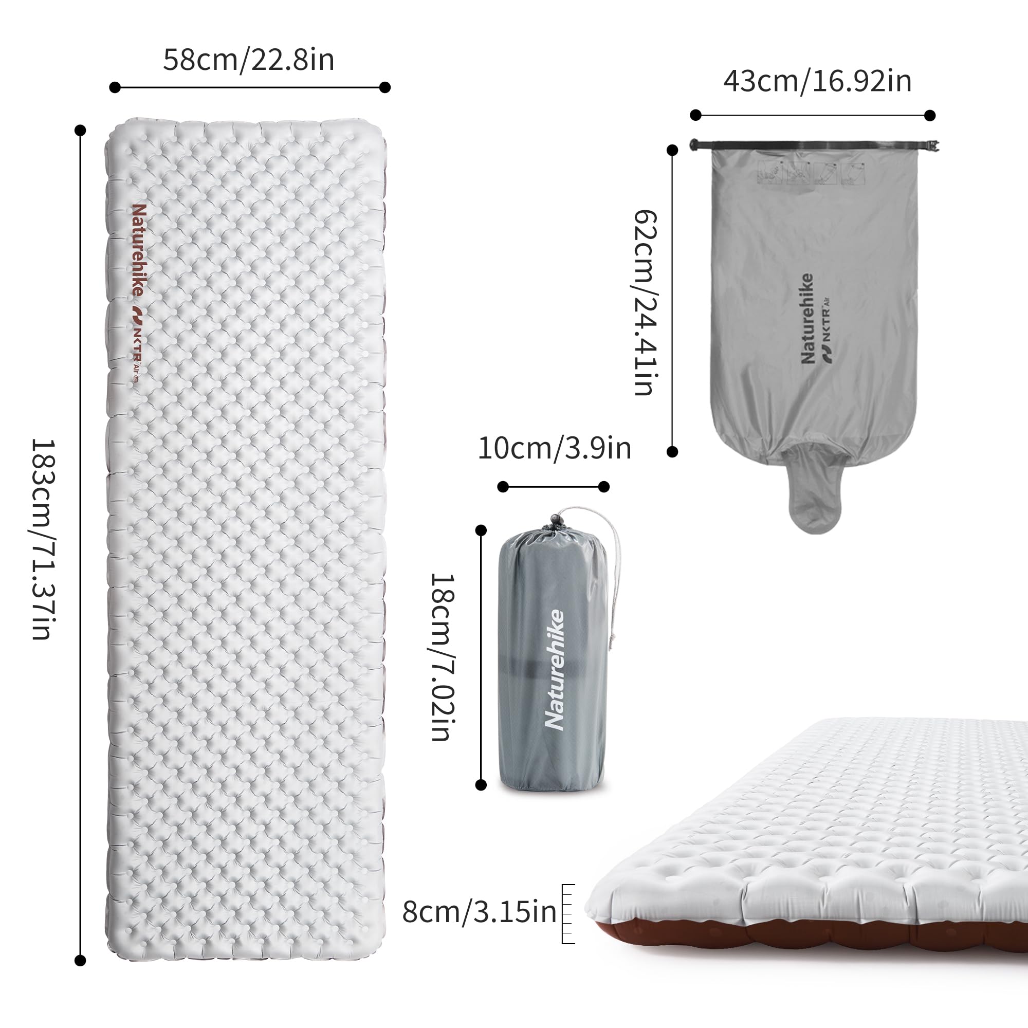 Naturehike Colchoneta térmica 5,8 R-valor para camping, de 4 estaciones, ultraligera, autoinflable, colchón de aire duradero con bolsa inflable