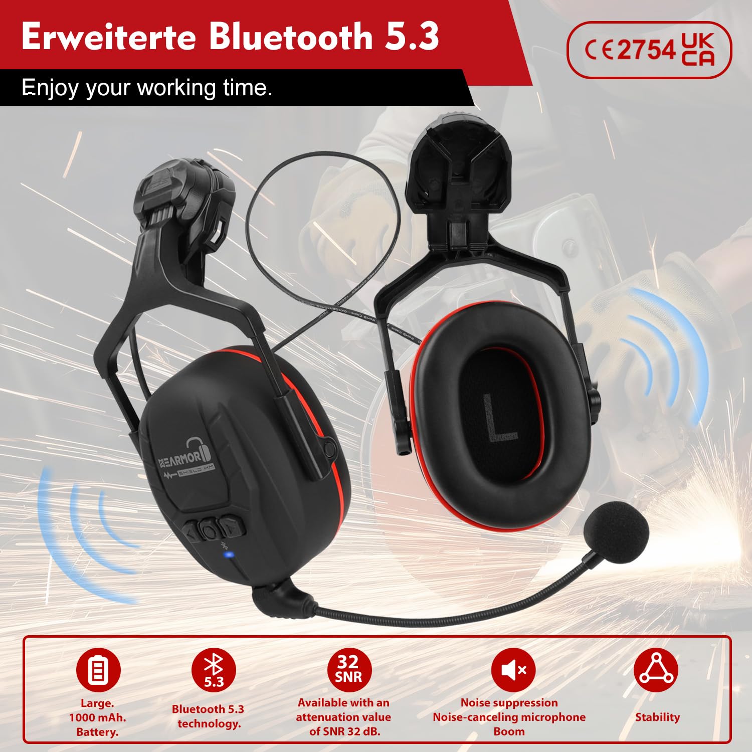 HEARMOR Industrial Helmet for Working at Heights Adult Construction Helmet with Bluetooth Active Hearing Protection Passed EN12492 Certification - Image 2