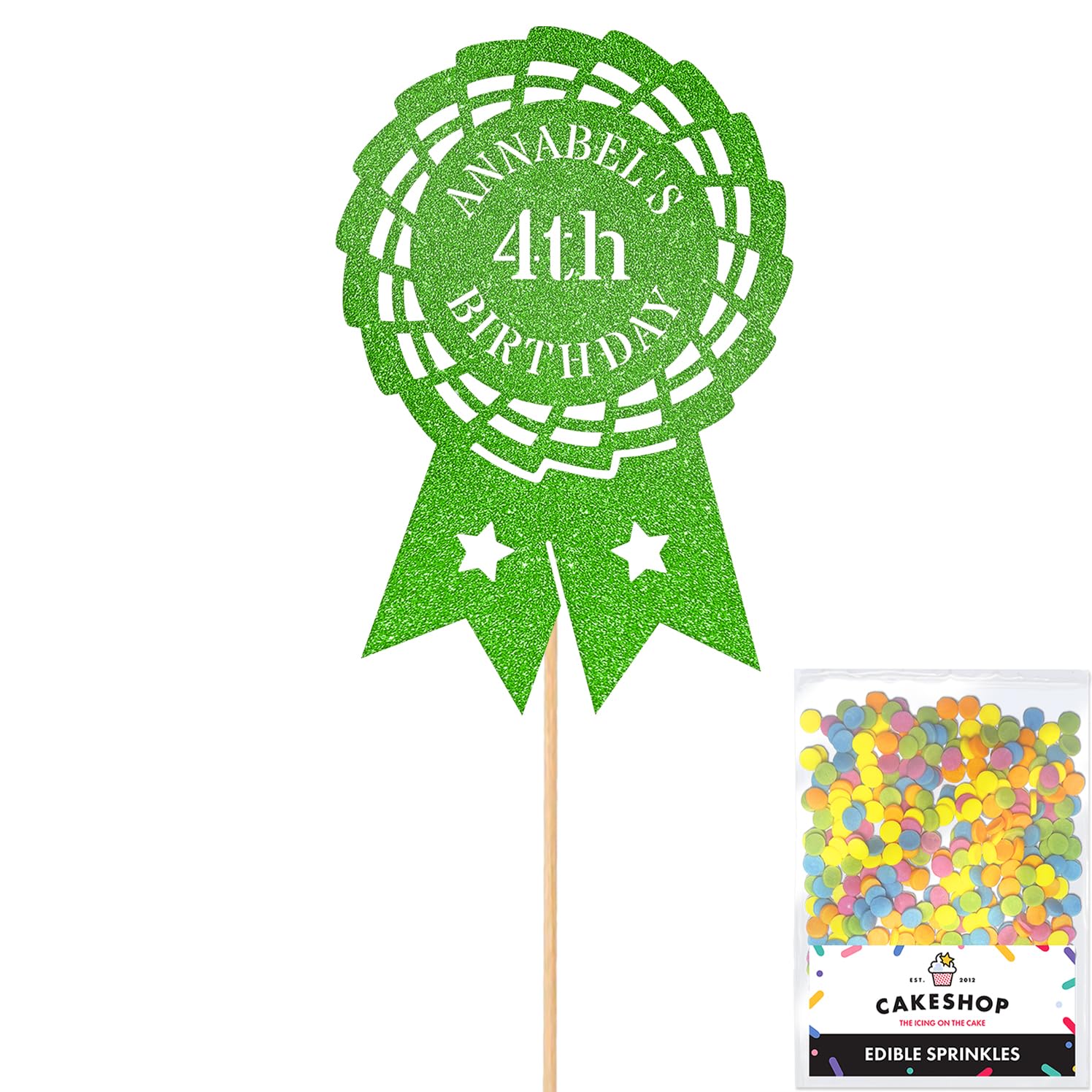 Personalised Horse Riding Rosette Award Glitter Cake Topper - Green Custom Age & Name Glitter Cake Decoration and Sprinkles - Happy Birthday Decorations - Personalised Toppers for Cakes by Cakeshop