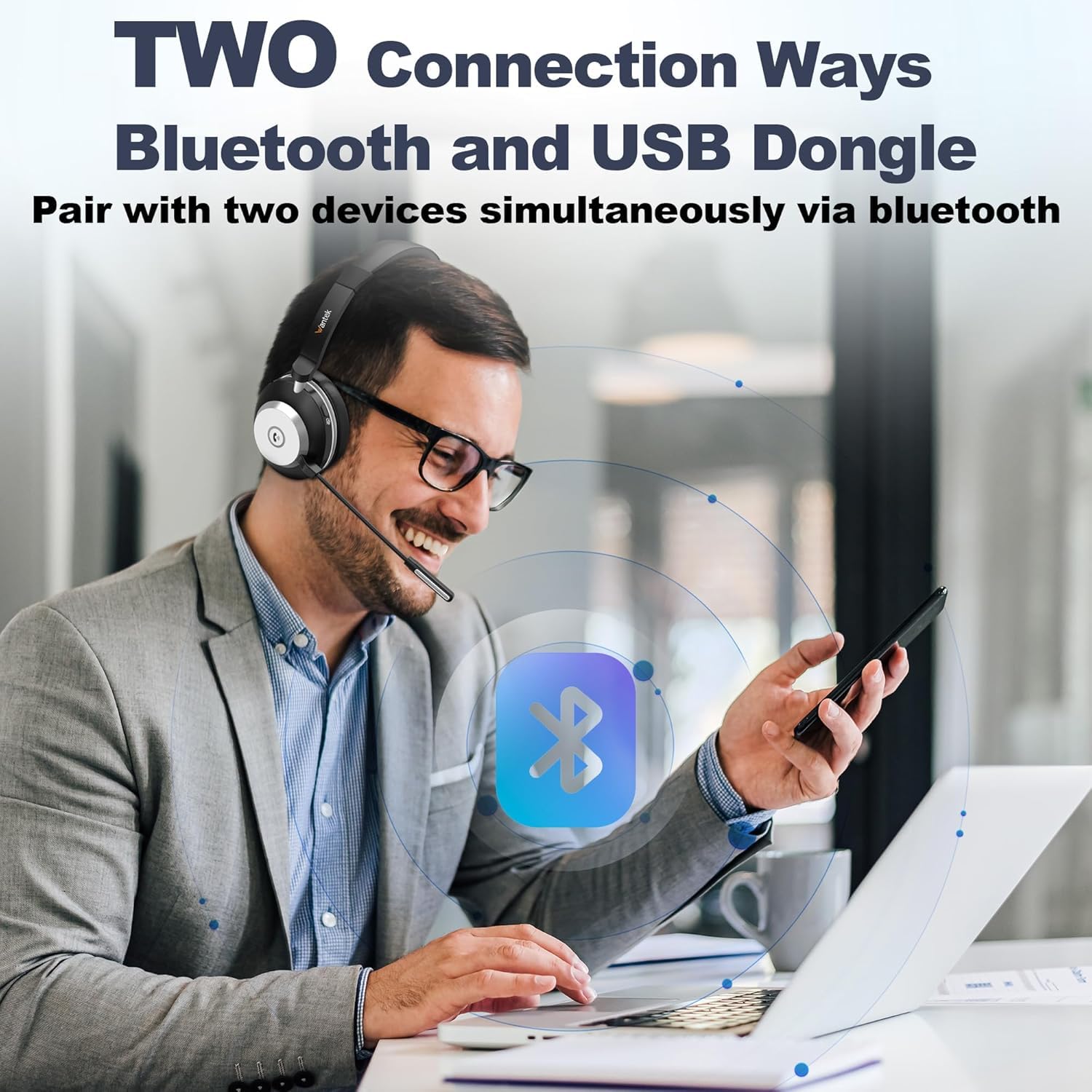 Wantek Bezprzewodowy zestaw słuchawkowy z mikrofonem, zestaw słuchawkowy Bluetooth ze stacją ładującą, bezprzewodowe słuchawki z mikrofonem i adapterem USB, do komputera, laptopa, drużyny, biura, zoom