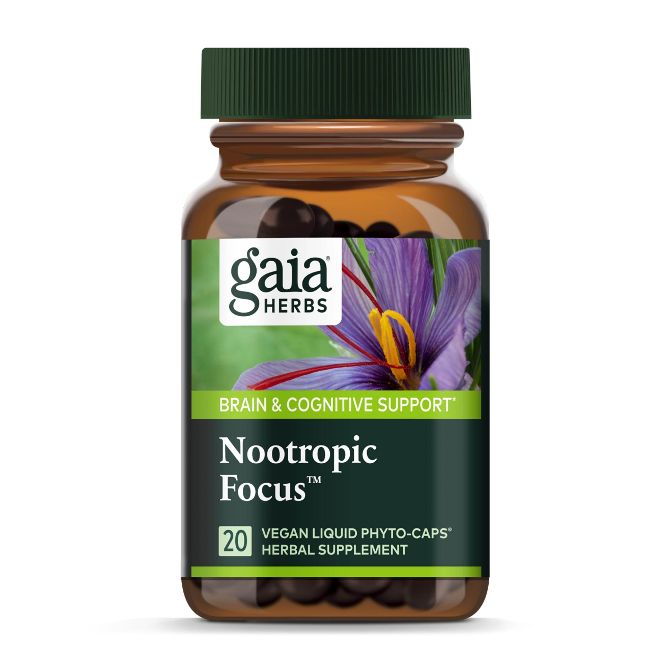 Gaia Herbs Nootropic Focus - Brain & Cognitive Support Supplement to Help Maintain Healthy Concentration* - with Saffron, Lemon Balm & Spearmint - 20 Liquid Phyto-Capsules (Up to 10-Day Supply)