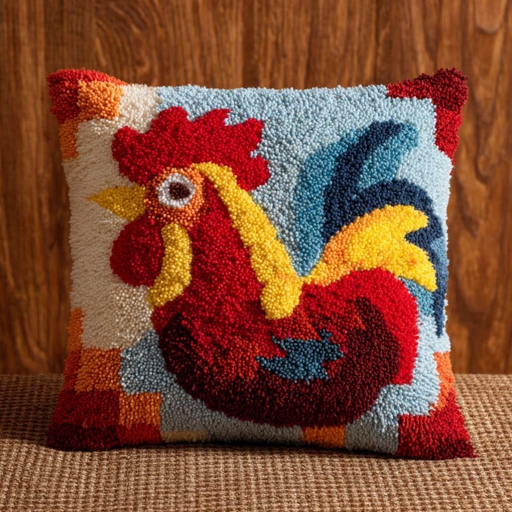 WallustrioaW DIY Latch Hook Pillow Kit,Rooster Pillowcase Kits Embroidery Kits 17X17 Inch DIY Needlework Pillow Cover Sofa Cushion Rug Making