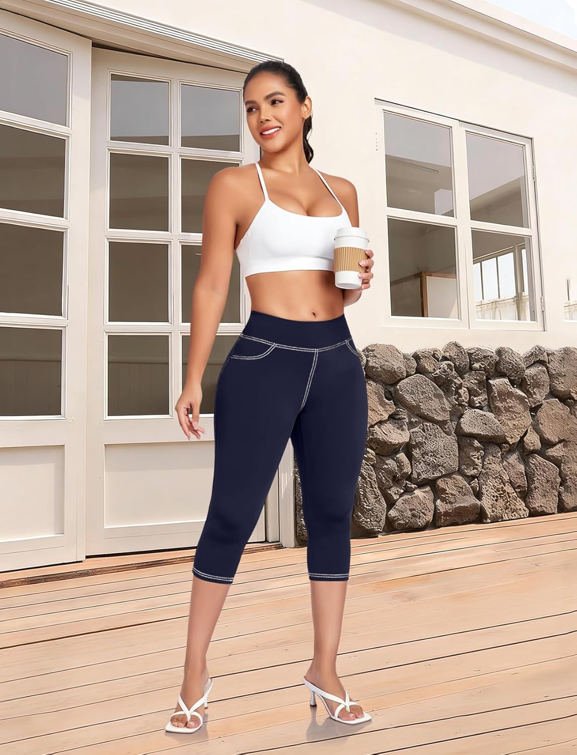 High Waisted Capri Leggings for Women-Denim-Like Stitching,Workout Pockets,Butt Lifting Ideal for Gym,Yoga Tummy Control