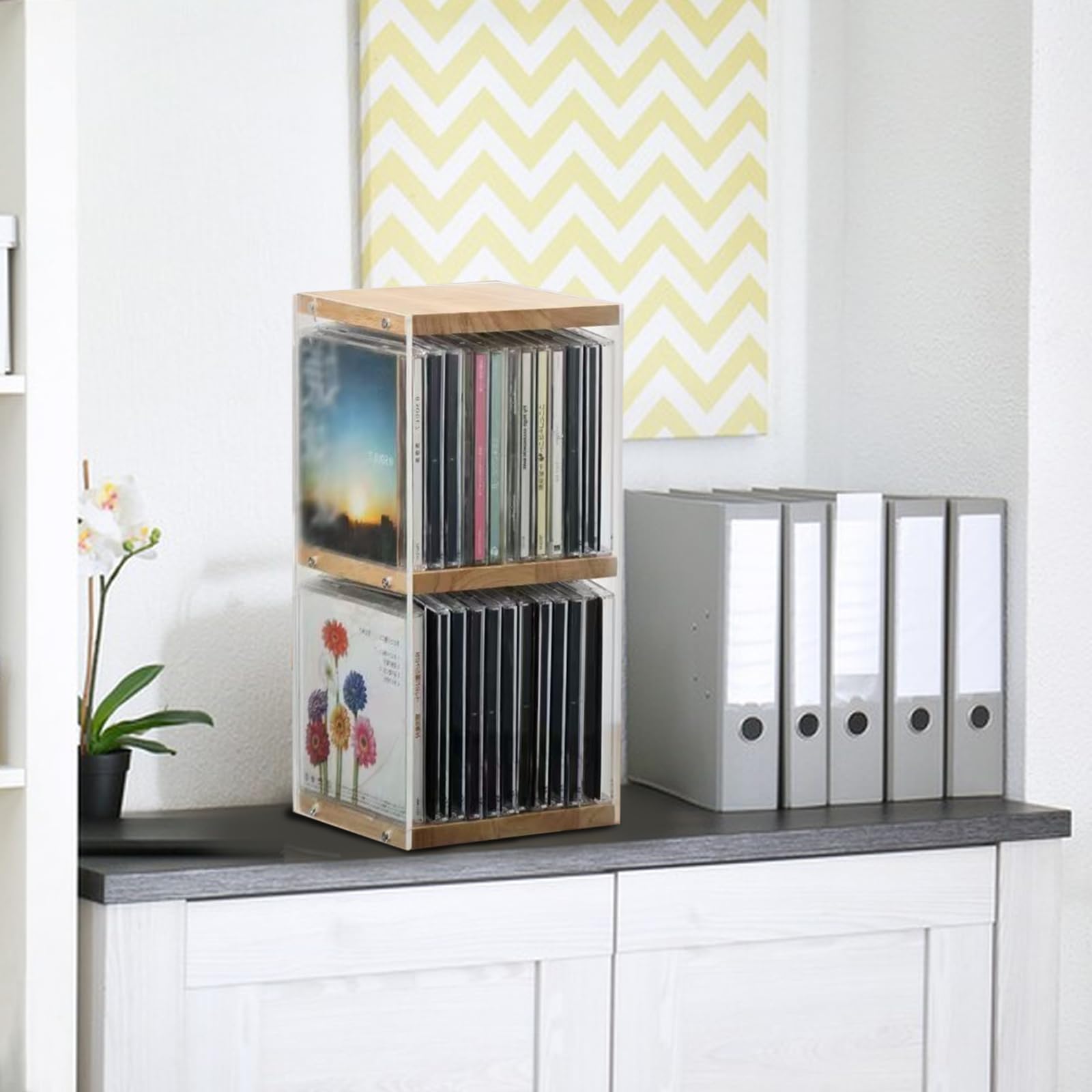 CD Holder Desk Rack Organizer, Wooden Clear Acrylic CD Holder Stand, Game Disc Display CD Organizer Desk Stand Protection Storage Cube, Fit for Theatre Room Collectibles Holds 30 CD Case — view 6