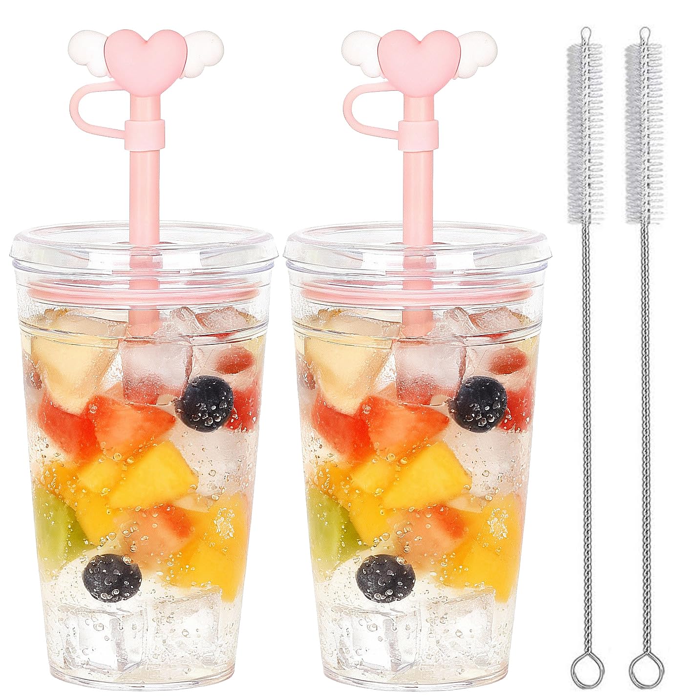 CuppaLifes 450ml Clear Plastic Iced Coffee Travel Cups, 450ml Reusable Cups with lids and Straws for Cold Coffee, Travel, Iced Drinks, Milk, Sparkling Water, 2 Pack (2, Pink)