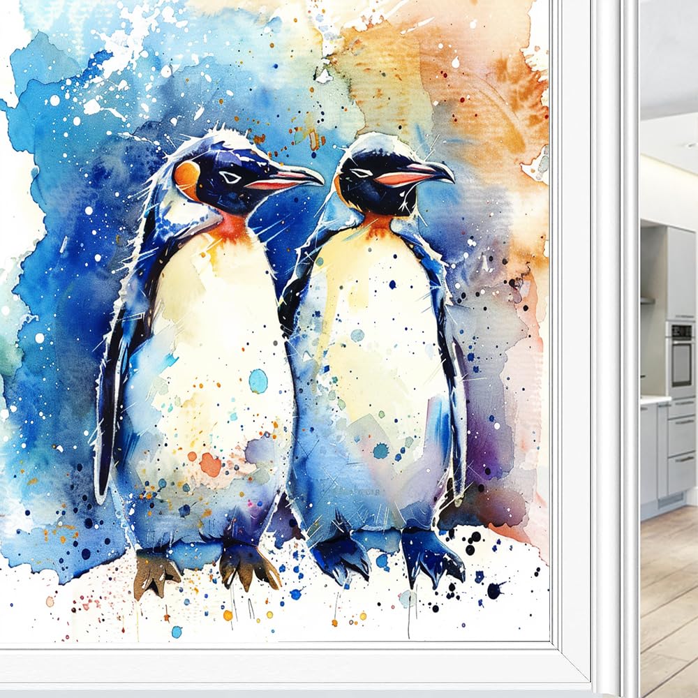 Abstrakter Pinguin-Fenster-Sichtschutzfolie, Retro-Blau, niedliches Tier, Milchglas-Fensterfolie, dekorative statische Haftung für Glas für Zuhause, 80 x 120 cm