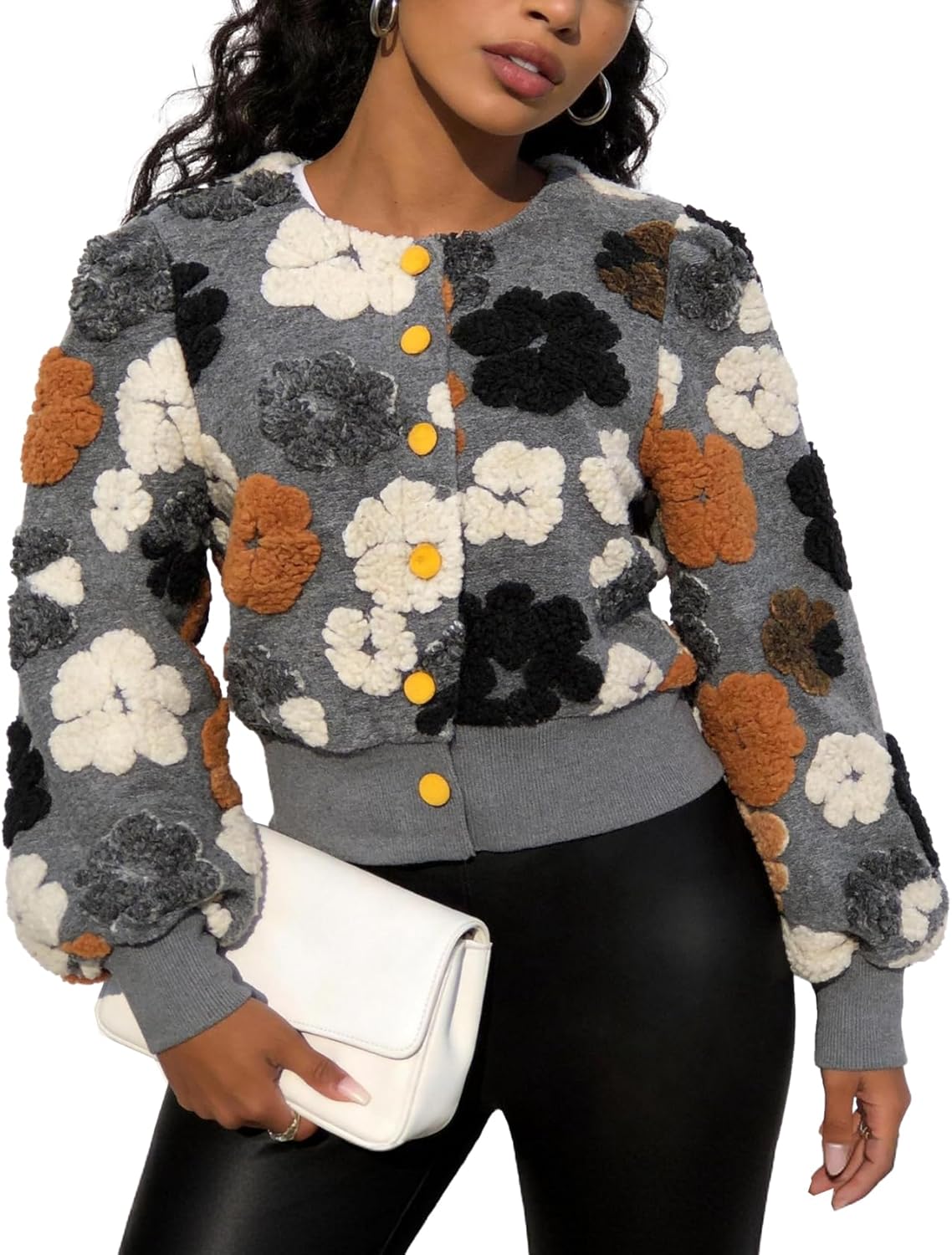 Flygo Women's Cropped Floral Print Bomber Jacket Warm Fleece Varsity Jacket Casual Button Down Puff Sleeve Coat Outerwear - Image 2