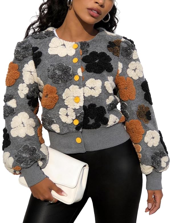 Flygo Women's Cropped Floral Print Bomber Jacket Warm Fleece Varsity Jacket Casual Button Down Puff Sleeve Coat Outerwear(Grey-XL) by Flygo - Image 2