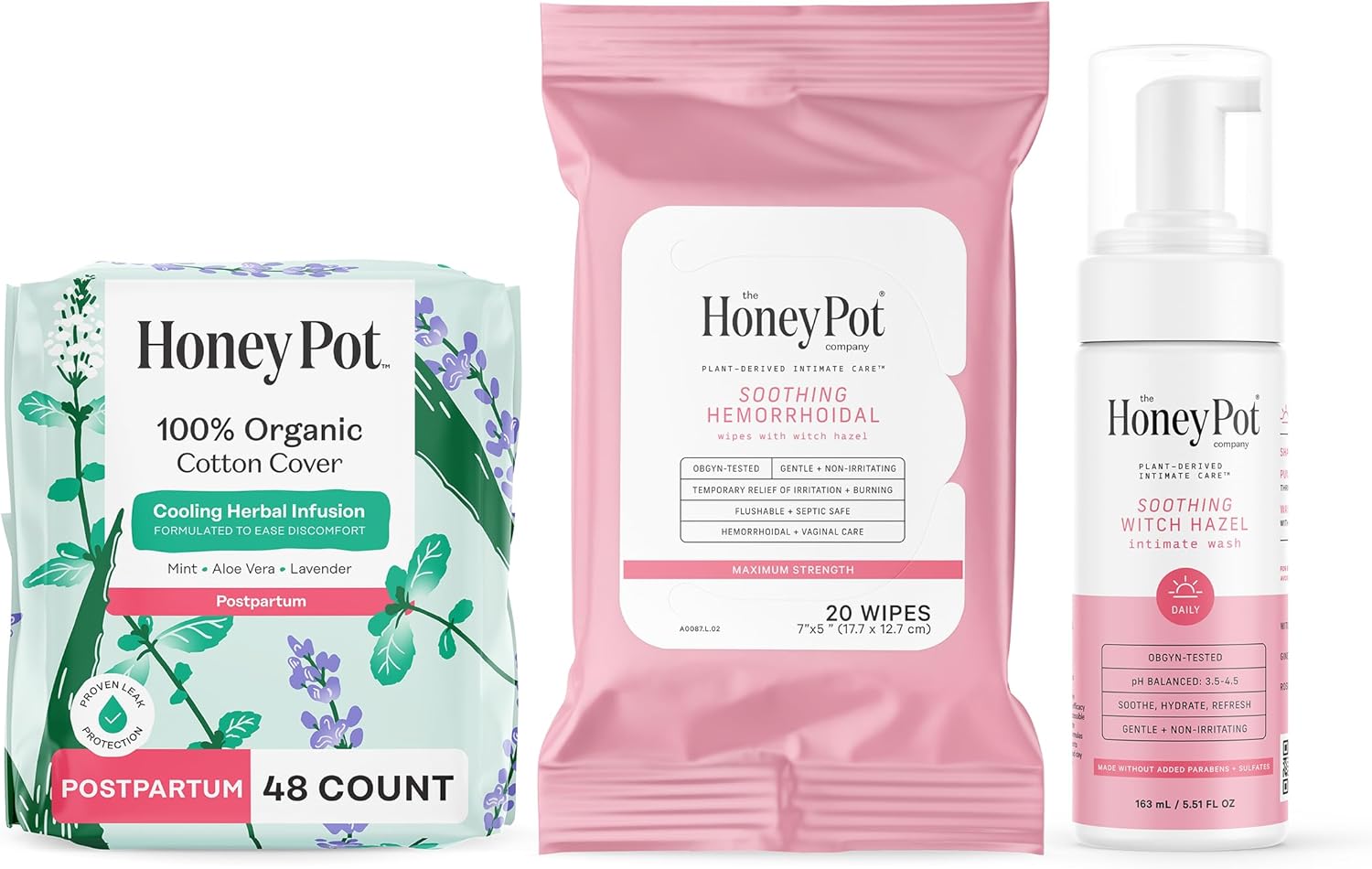 The Honey Pot Company - Postpartum Essentials Bundle - 48ct Postpartum Pads, Witch Hazel Feminine Wash, 20ct Witch Hazel Feminine & Hemorrhoid Wipes