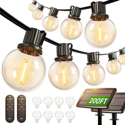 addlon 200FT(2 Pack*100FT) Solar String Lights Outdoor Waterproof with Remote, Dimmable Commercial Grade Solar Powered String Lights with 108 LED Bulbs, Hanging Light for Backyard Party Decor