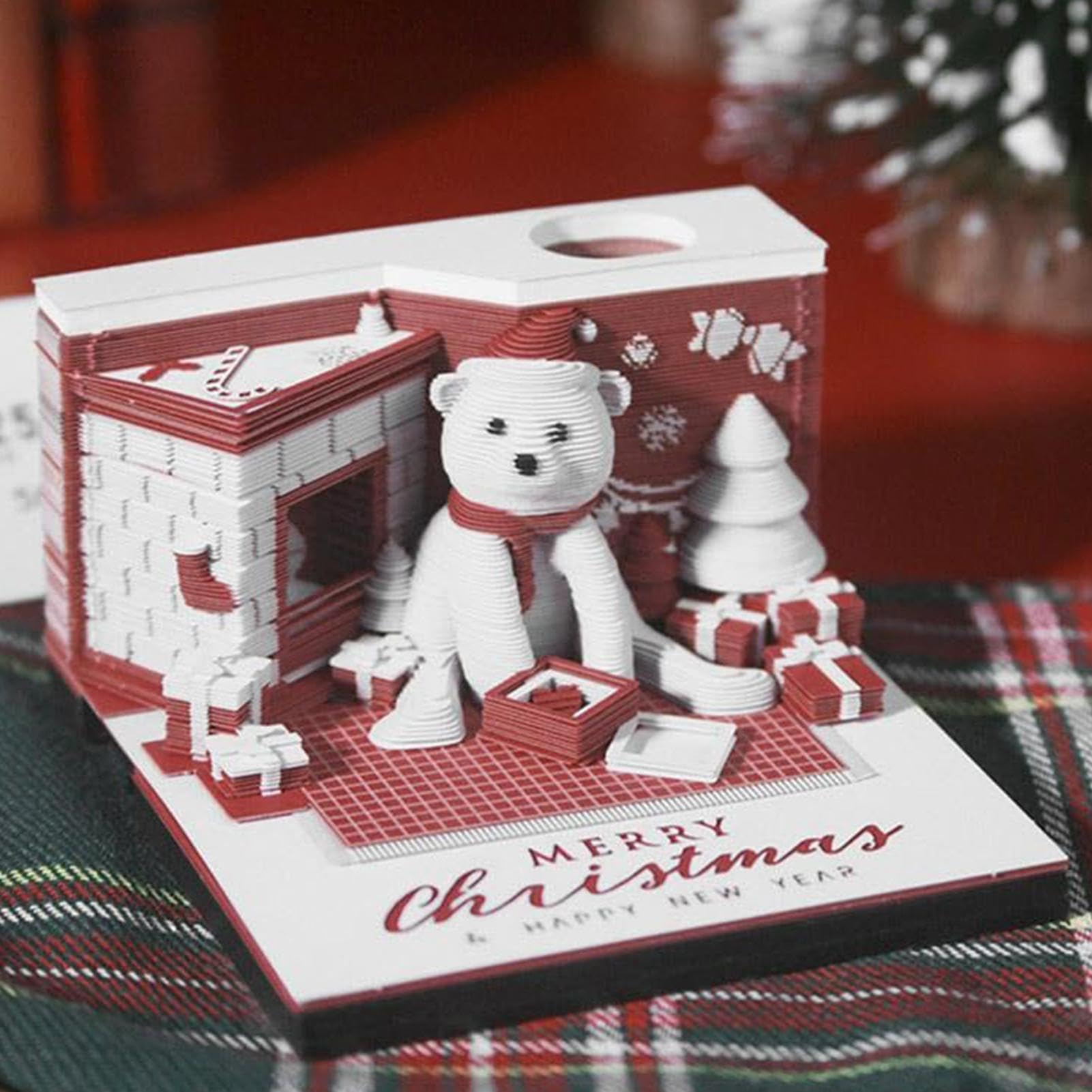 3D Memo Pad Kalender 2025 Weihnachtsbären-Design mit LED-Beleuchtung und | Tischkalender für Schreibtisch, Schlafzimmer, Wohnzimmer, Büro, Heimdeko, , Nachttisch, Tischschmuc