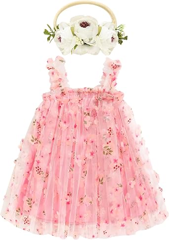 Toddler Baby Girl Tutu Dress Sleeveless Floral Print Tulle Dress Little Girl Princess Dresses with Flower Headband
