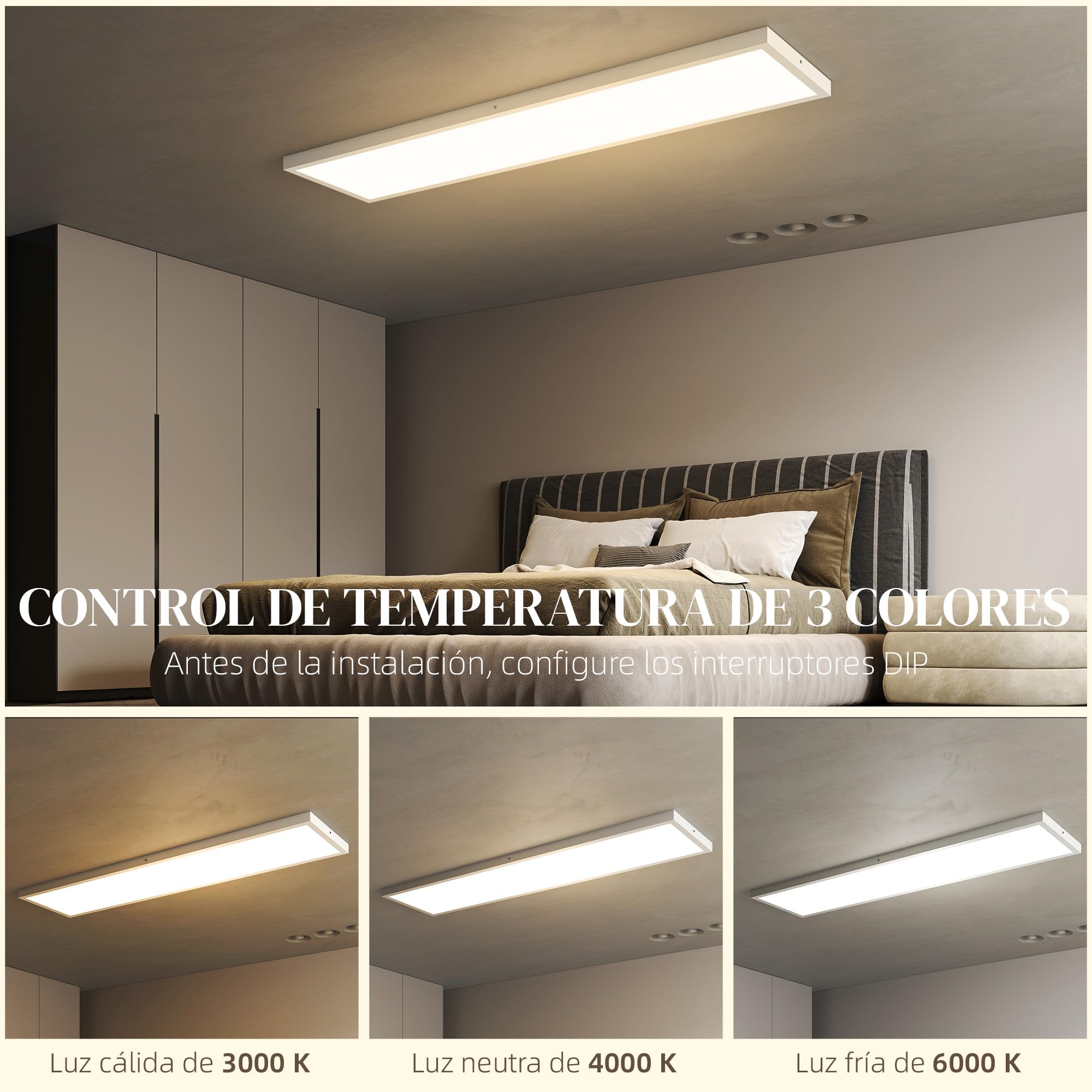 HOMCOM Juego de 4 Lámparas de Techo Color Regulable 120x30x3,7 cm Blanco | Plafones LED de Techo, Interruptor DIP y Interruptor de Pared, 3000K/4000K/6000K, 2500 lm, 24 W, para Salón, Oficina