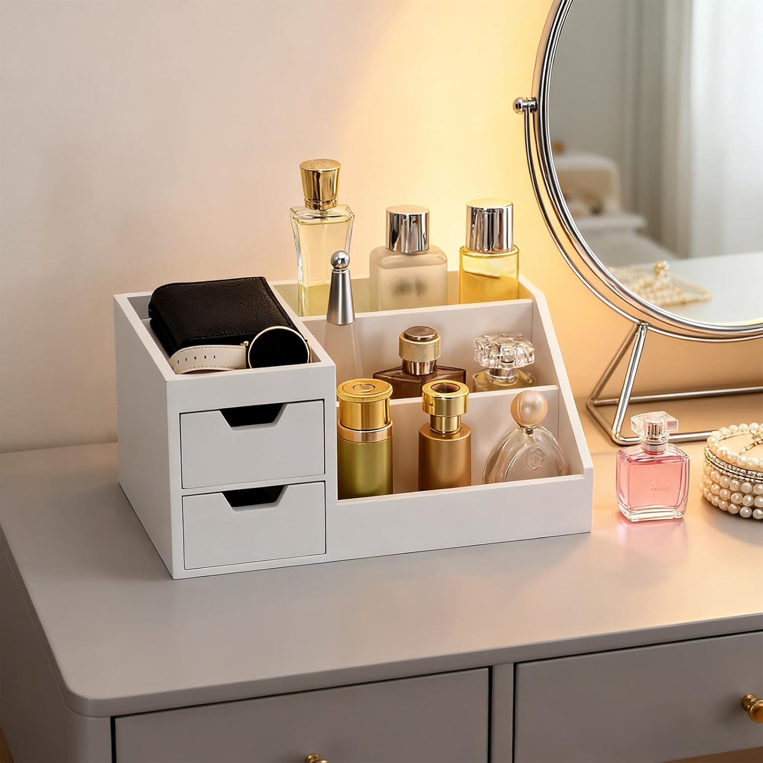 Countertop Perfume & Makeup Organizer - Wooden Rack, Cologne Stand Shelves & Skincare Organizer for Bedroom Dresser, Organizador de Perfumes Estante para Perfumes (Middle, 01) (White, 01)