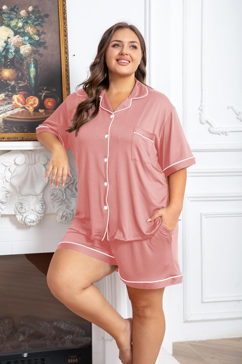 Vozanet Women's Plus Size Button Down Pajamas Soft Lounge Sets Shorts with Pockets Bride Nighty Solid Soft Pjs 1x to 5x - Image 2