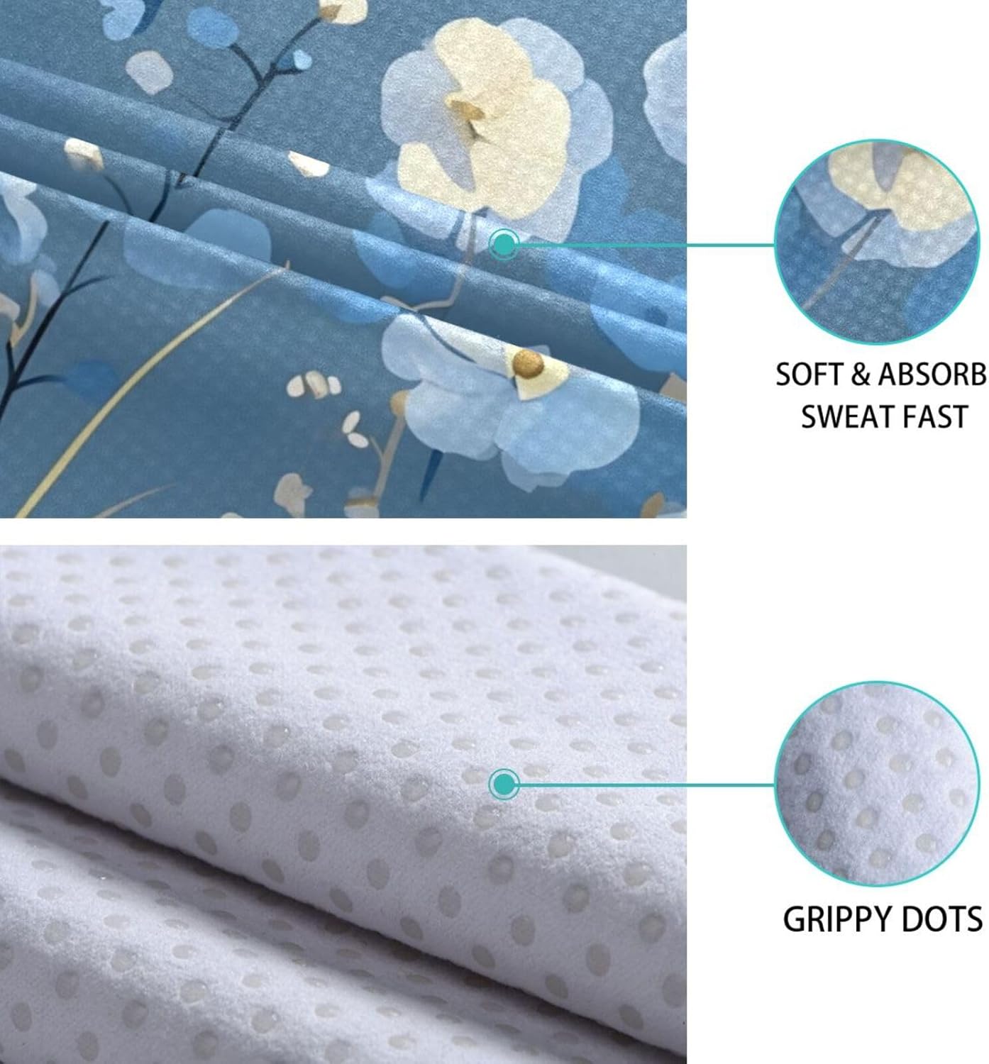 Florals White Blue Yoga Mat Towel with Silicone Grip Dot – 73"x27" Non-Slip Sweat Absorbent Microfiber Yoga Towel for Home Gym Studio