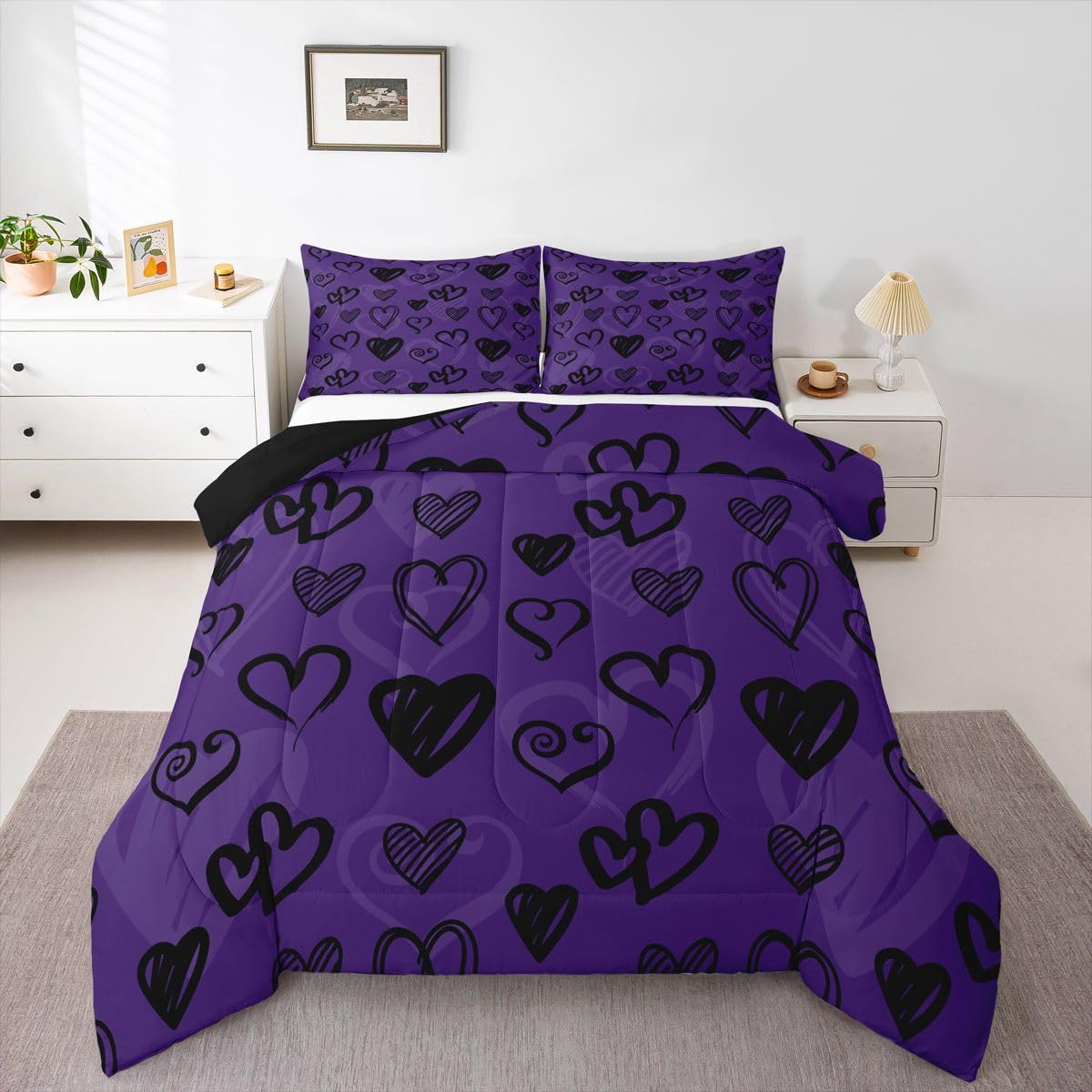 Heart Shaped Kids Bedding Sets Abstract Art Hand Draw Black Reversible Comforter for Boys Valentine's Day Purple Quilt Set Soft Duvet Insert,1 Pillowcase Toddler Size