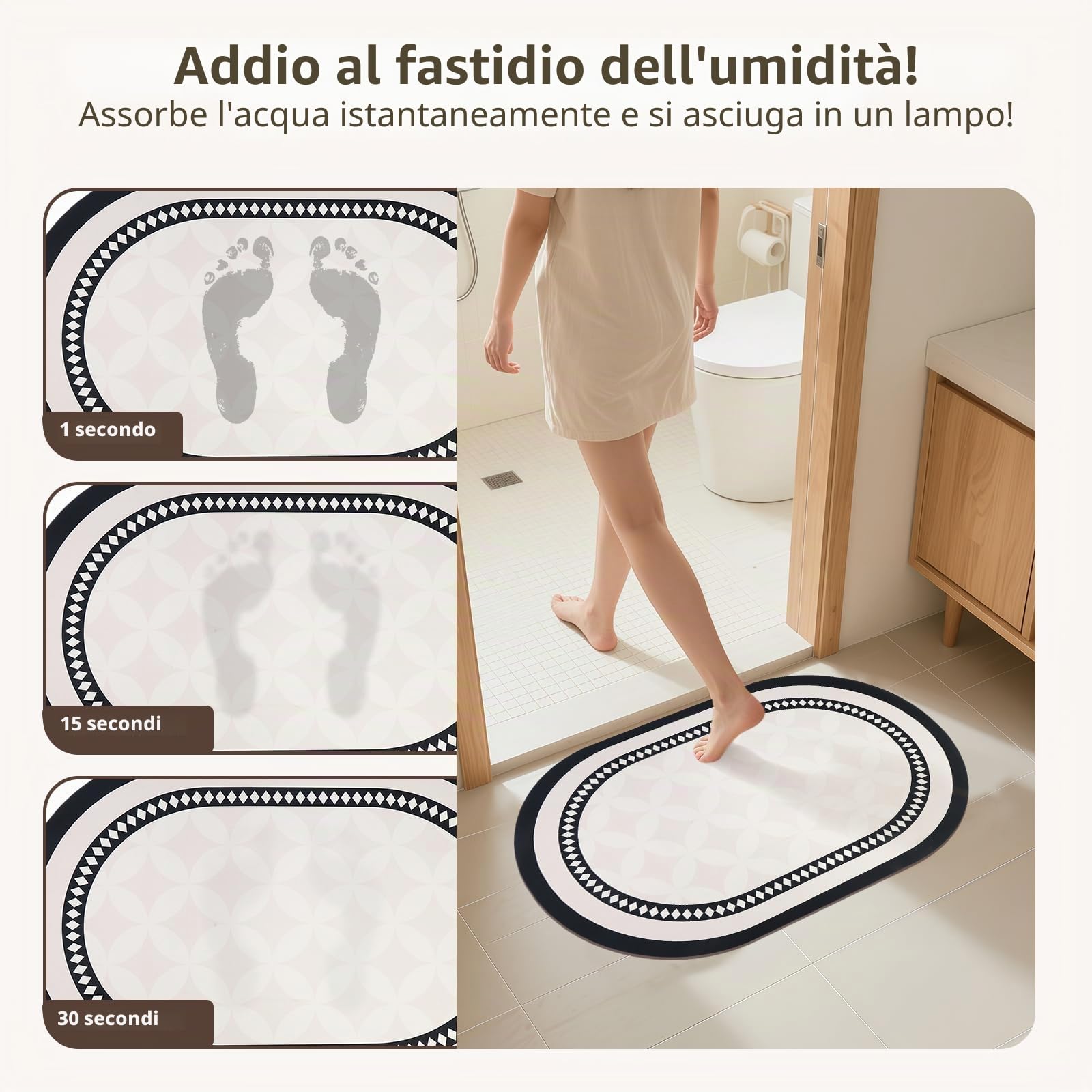Tappetino da bagno antiscivolo e assorbente per diatomee, ovale, con motivo geometrico in bianco e nero