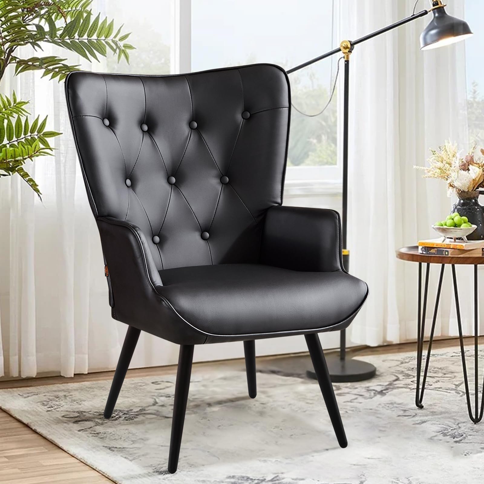 Ckaff PU Leather Accent Chair, Mid-Century Modern Armchair with High Backrest, Tufted-Button Reading Leisure Chair for Living Room Bedroom Waiting Room, Black
